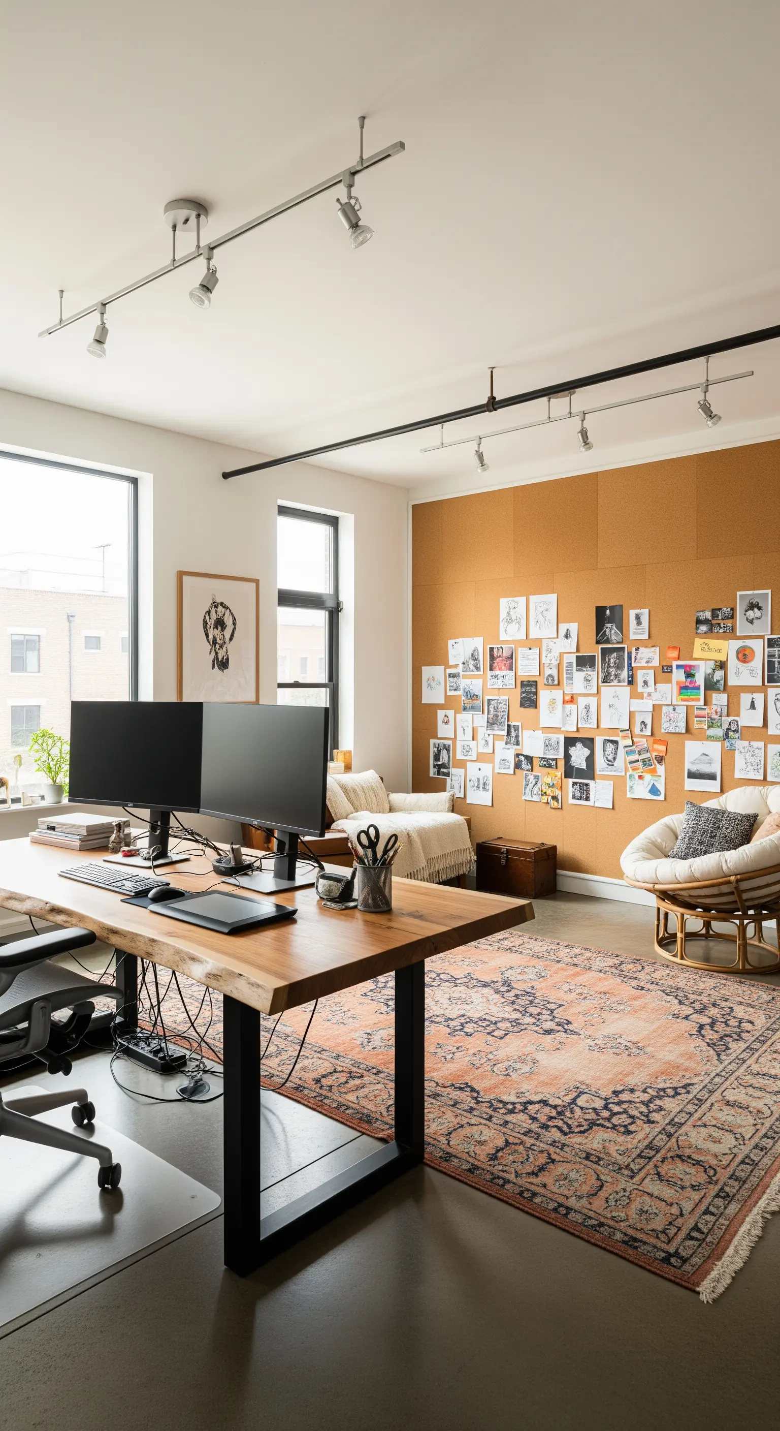 Großes Homeoffice mit einer Kork-Pinnwand als Moodboard und Holztisch