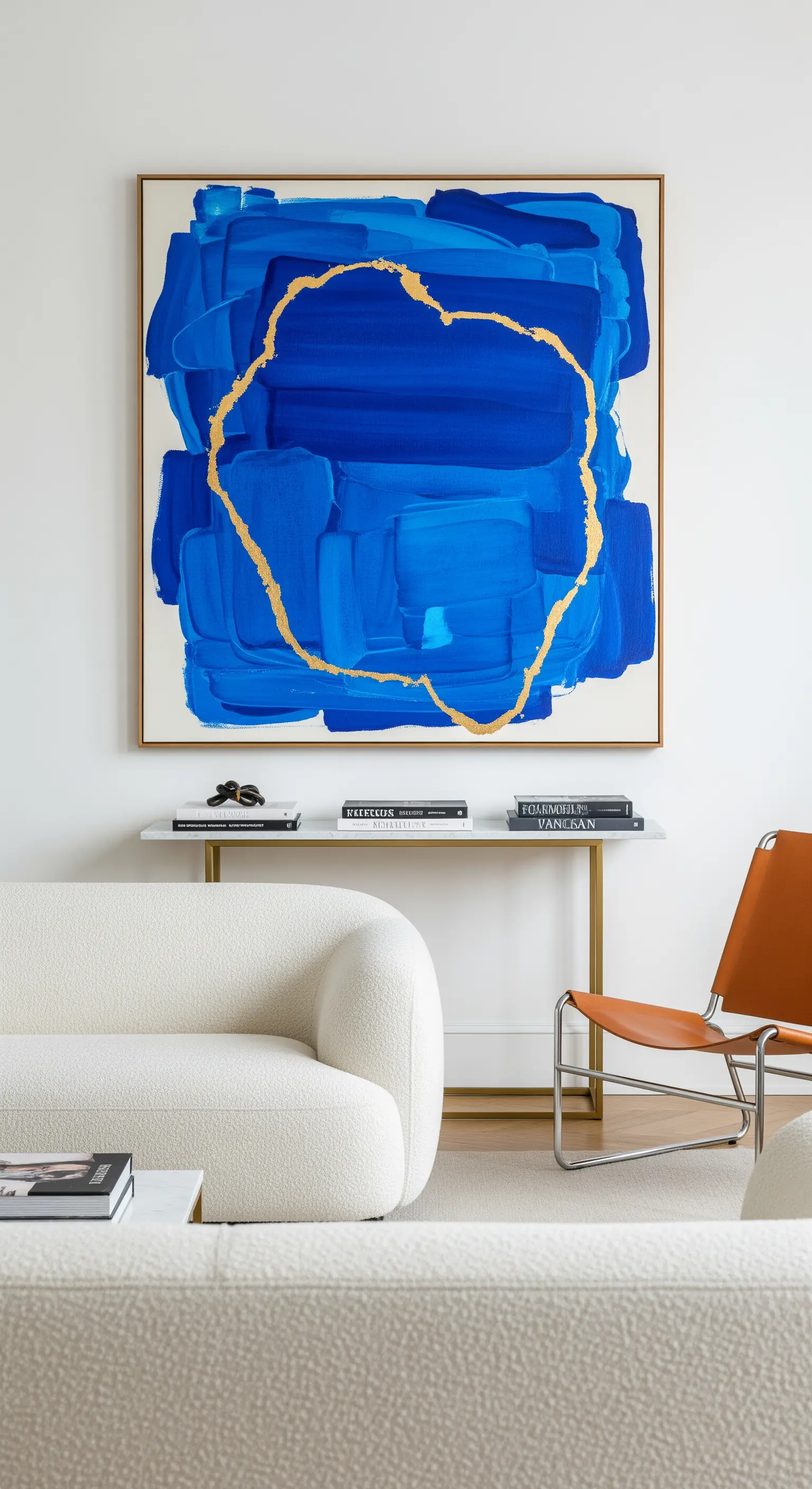 Minimalistisches Interieur mit großem abstraktem Kunstwerk über einer Marmorkonsole.