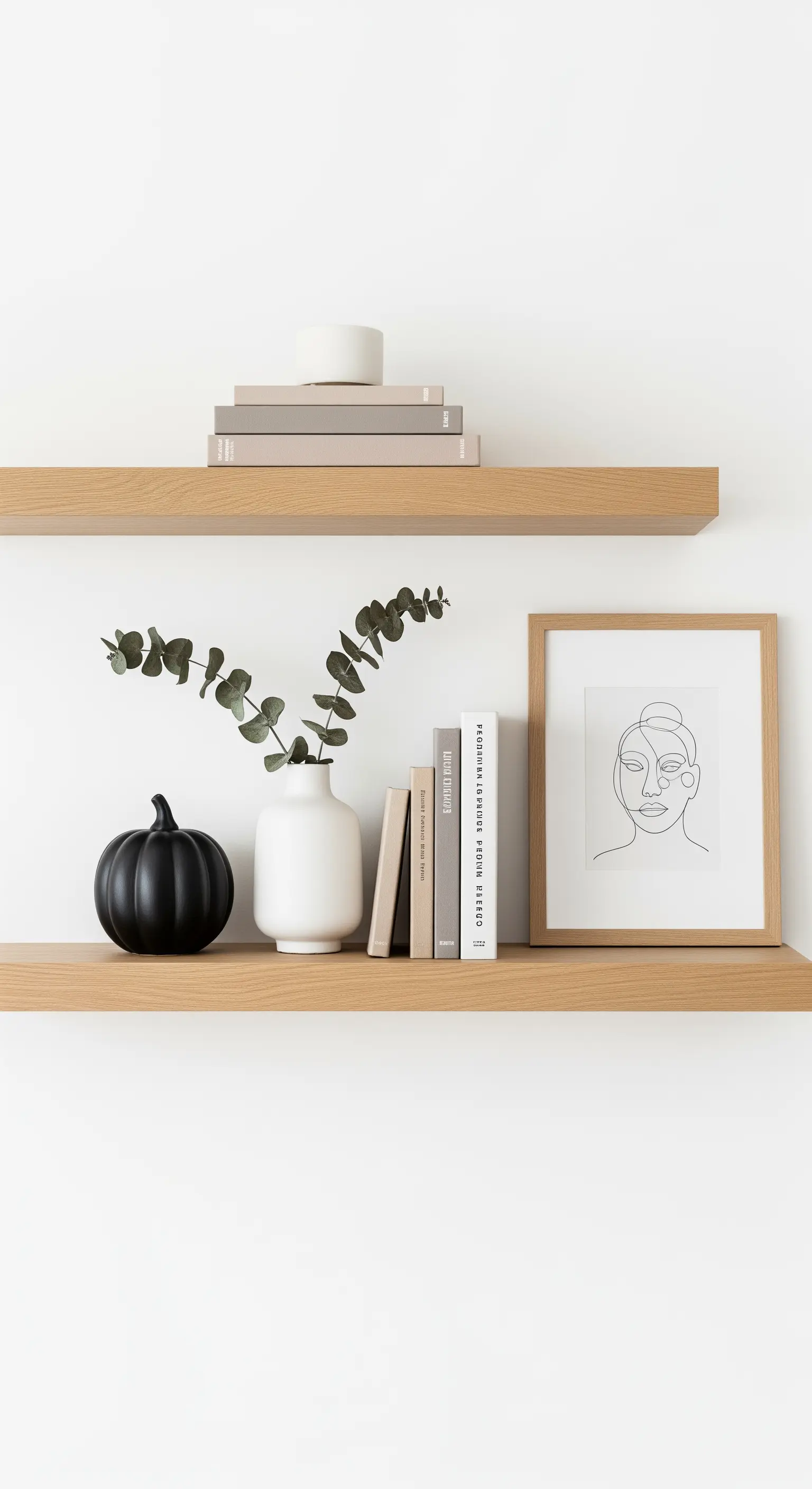 Schwarzer Deko-Kürbis und Line-Art-Bild auf einem hellen Holzregal.