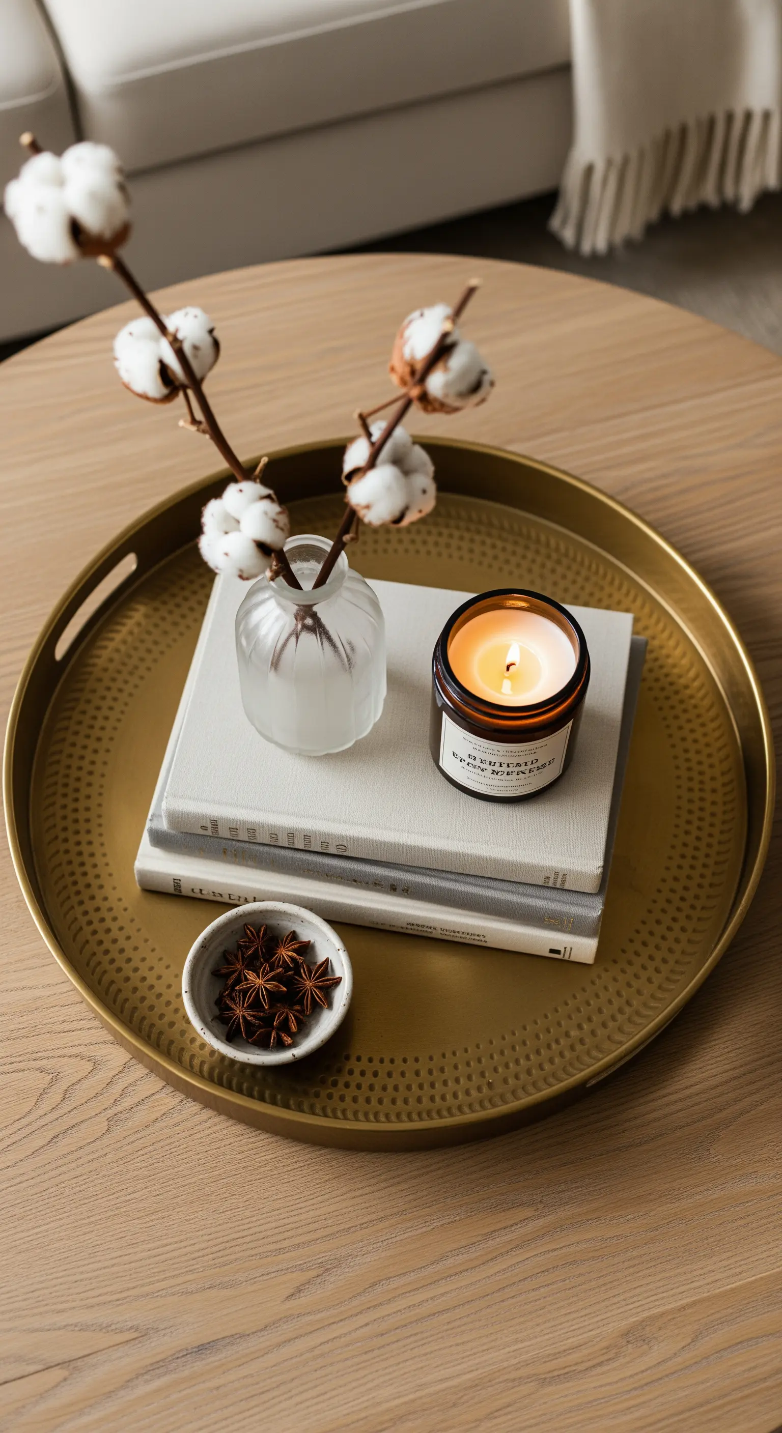 Goldenes Tablett auf einem Holztisch mit Büchern, Kerze und Baumwollzweigen.