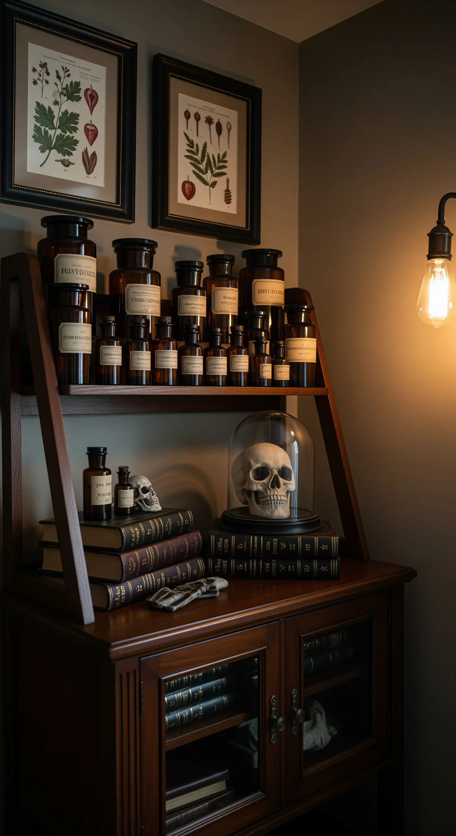 Vintage-Halloween-Deko im Dark-Academia-Stil mit Apothekergläsern und Totenkopf.