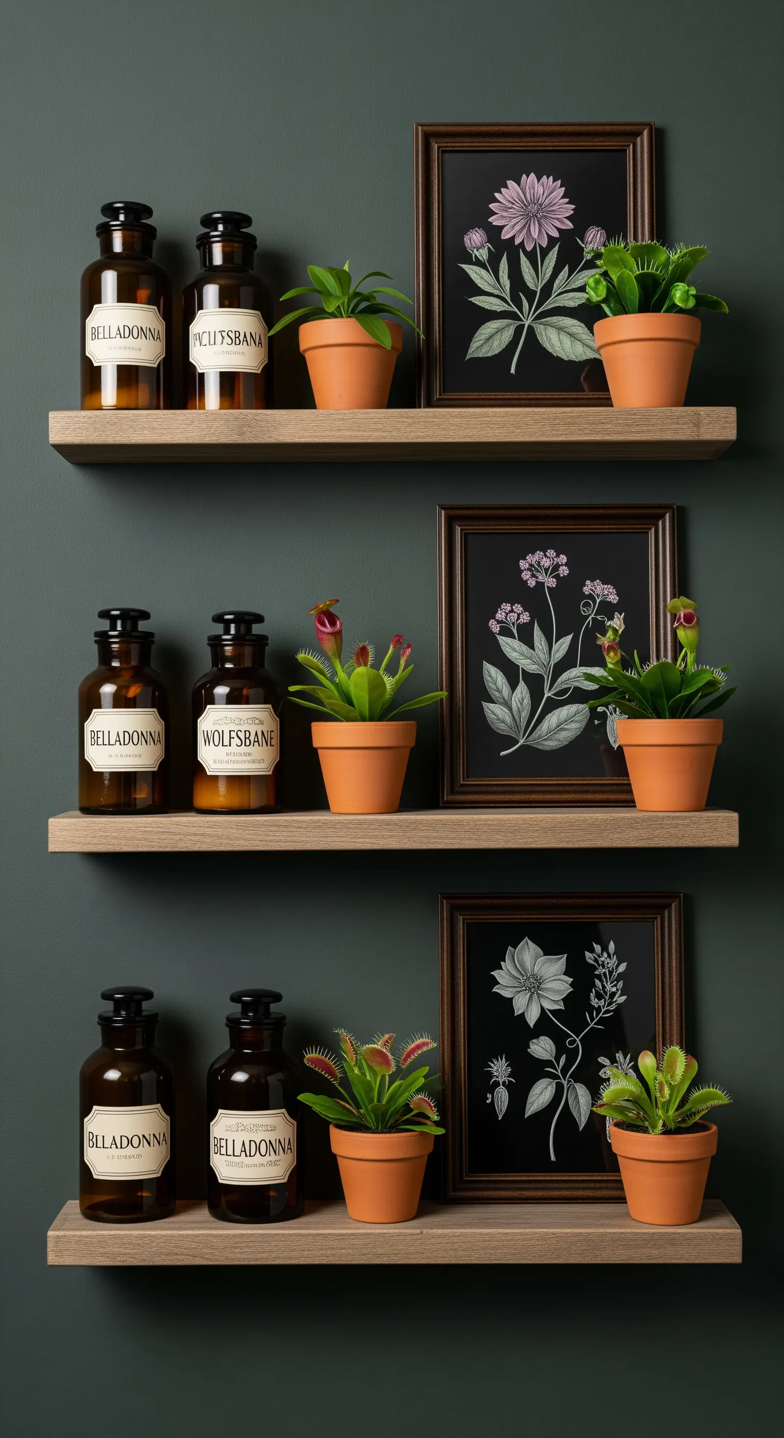 Halloween-Regal-Deko mit Apothekerflaschen, fleischfressenden Pflanzen und botanischen Drucken.