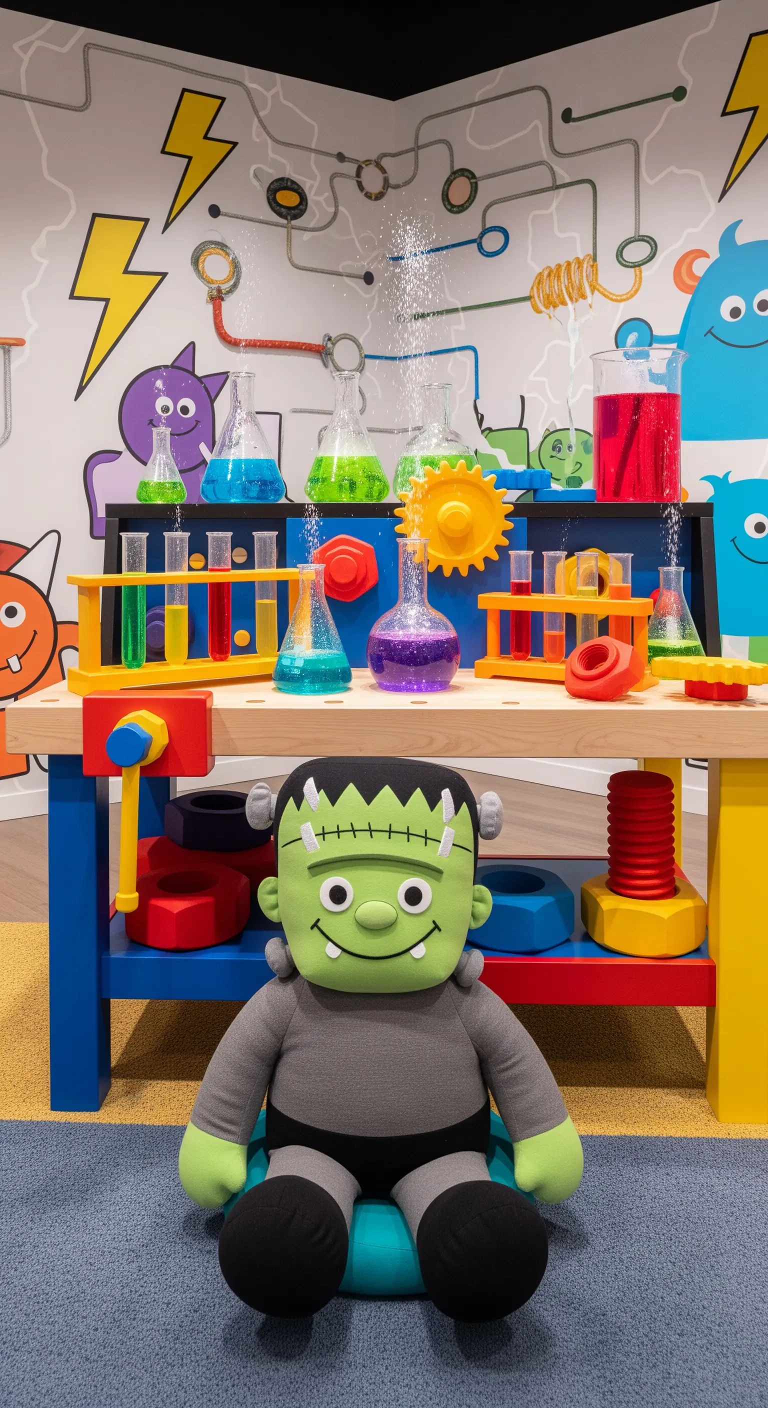 Eine bunte Spiel-Werkbank, die als Labor dekoriert ist, mit einem freundlichen Frankenstein-Plüschtier davor.