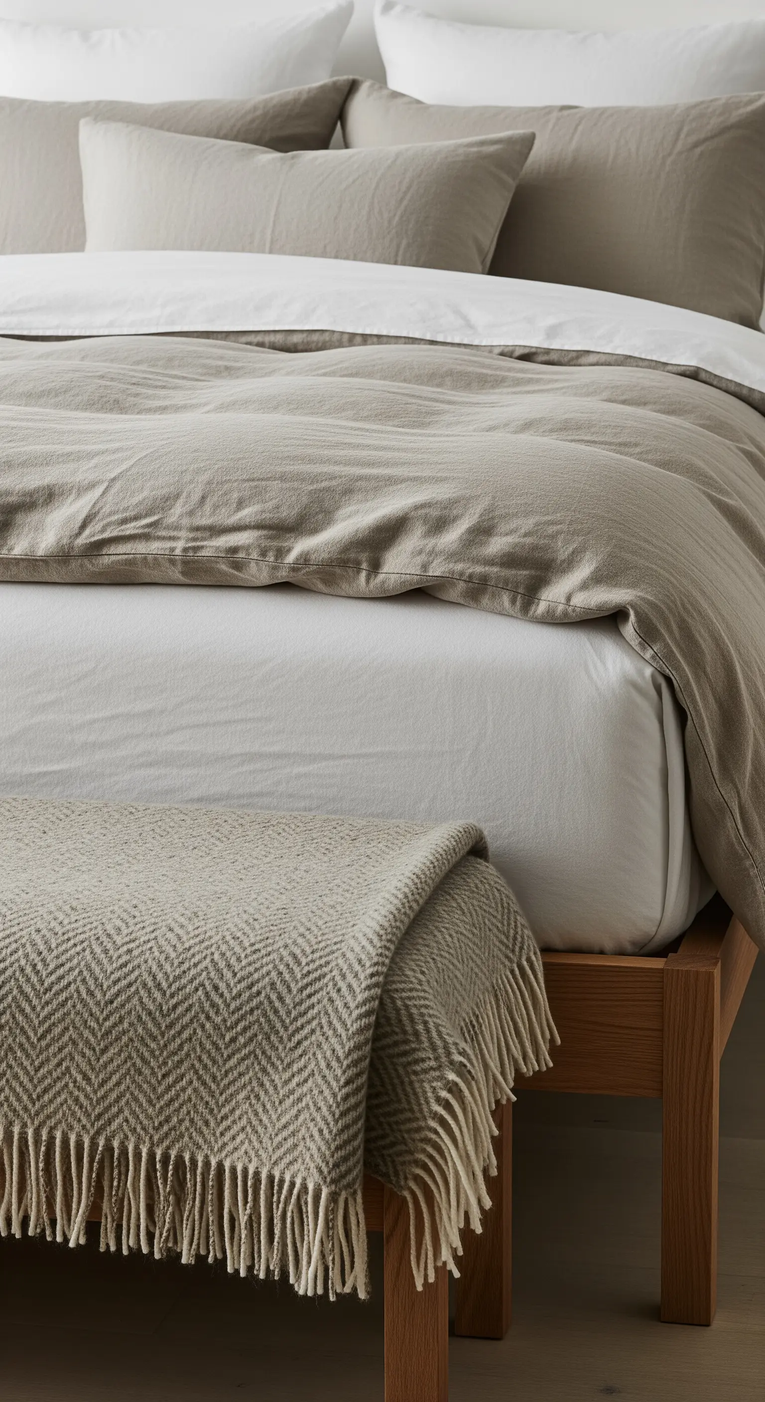 Detailaufnahme eines Bettes mit geschichteter Bettwäsche in Naturtönen und einer Wolldecke.