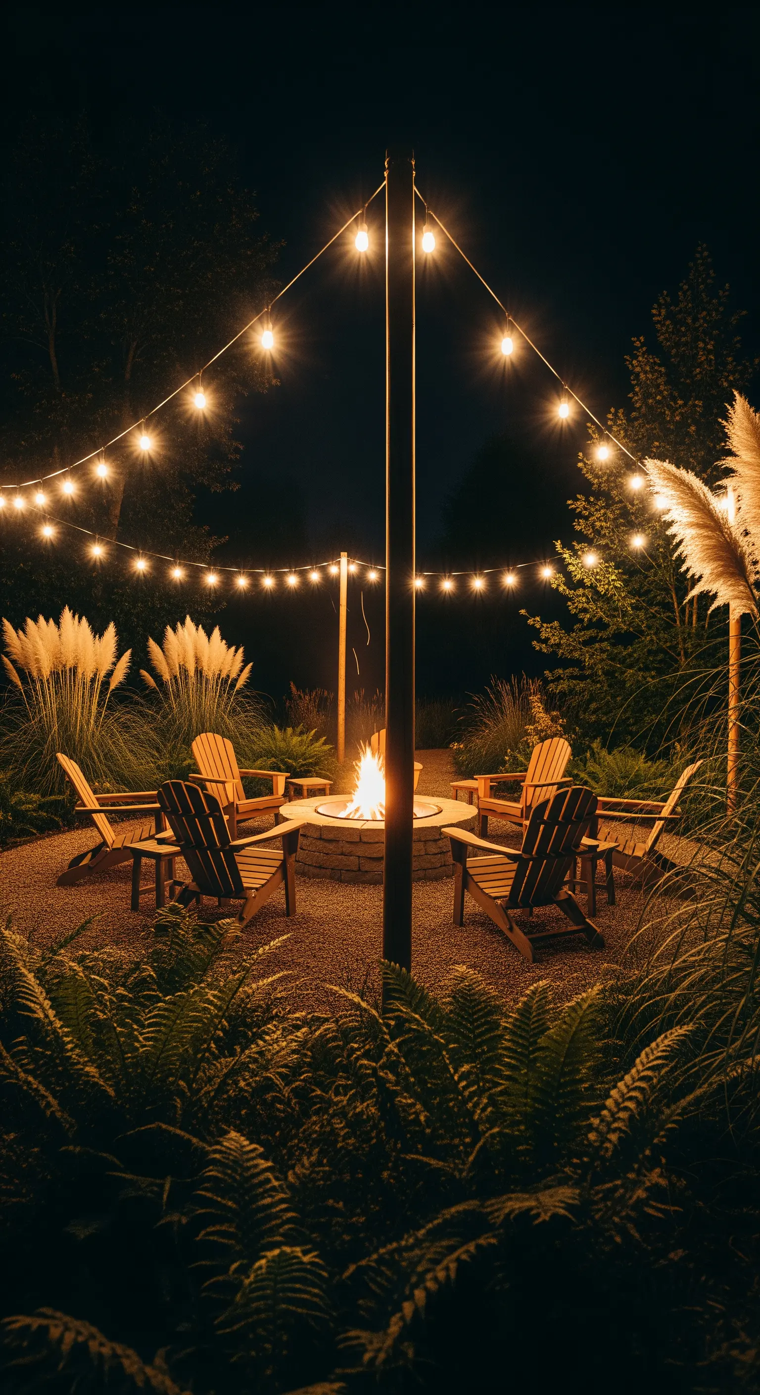Feuerstelle im Garten, umgeben von Holzstühlen und von einem zentralen Mast ausgehenden Lichterketten.
