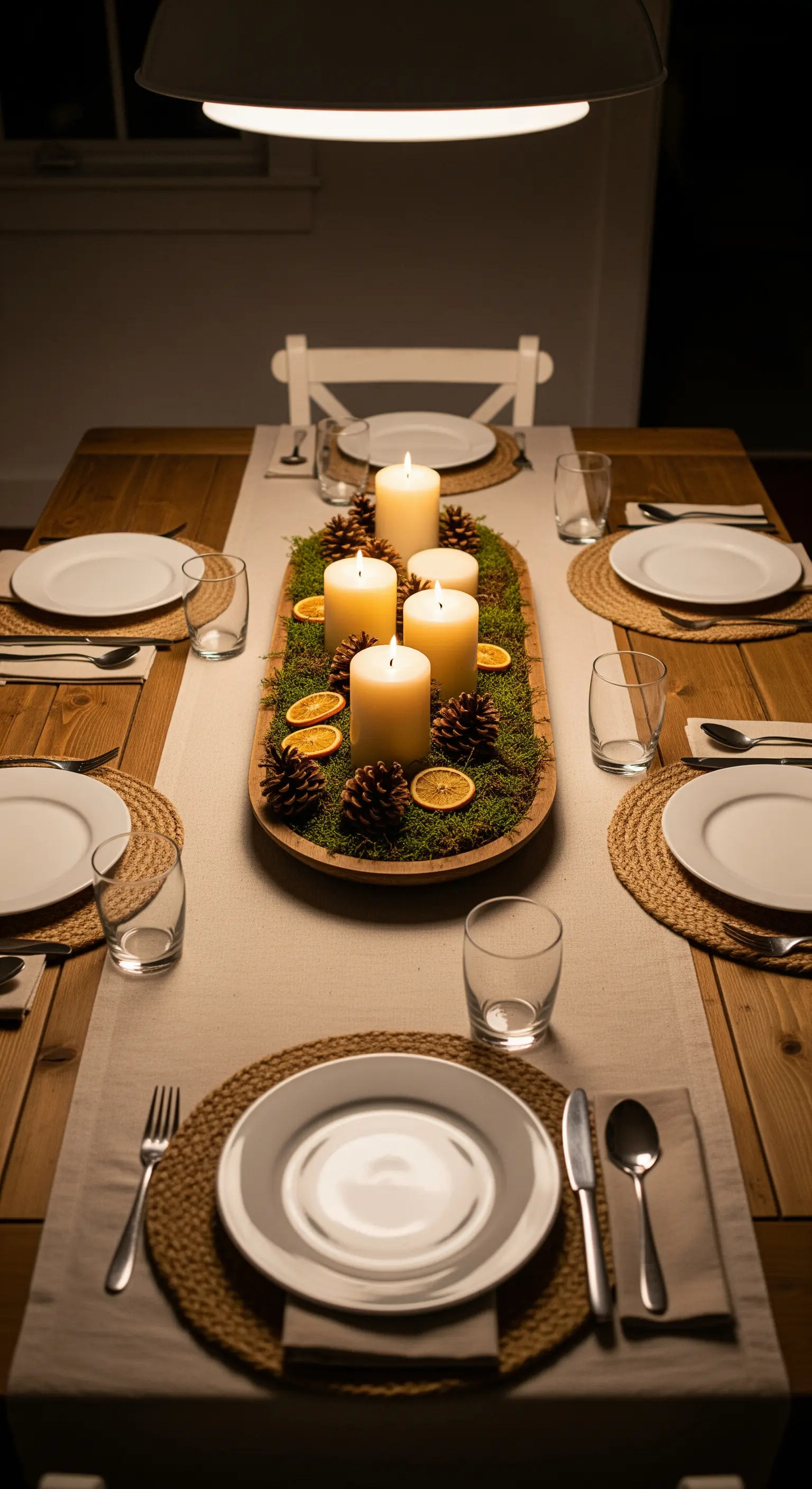 Festlich gedeckter Esstisch mit einem Centerpiece aus Kerzen, Moos und Tannenzapfen.