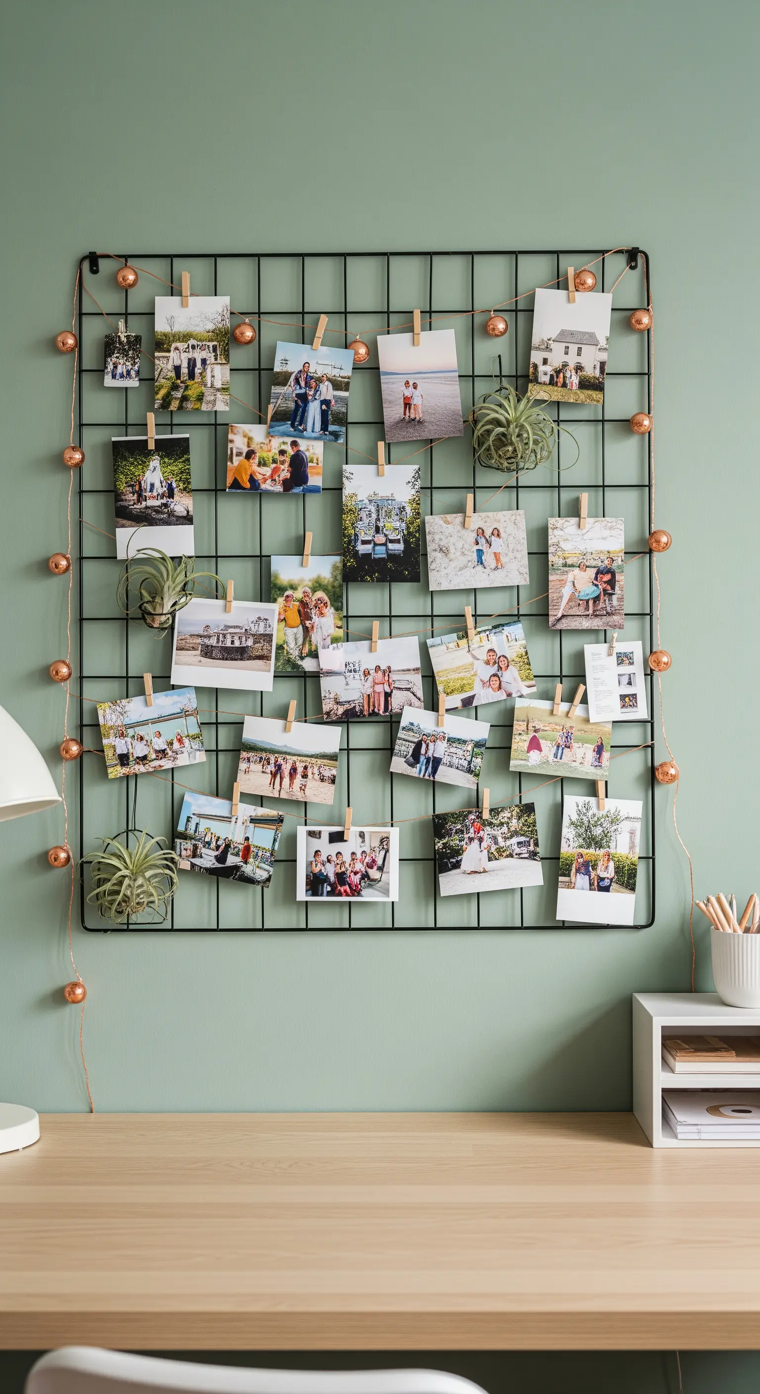 Schwarzes Metallgitter an einer mintgrünen Wand, behängt mit Fotos und kleinen Luftpflanzen.