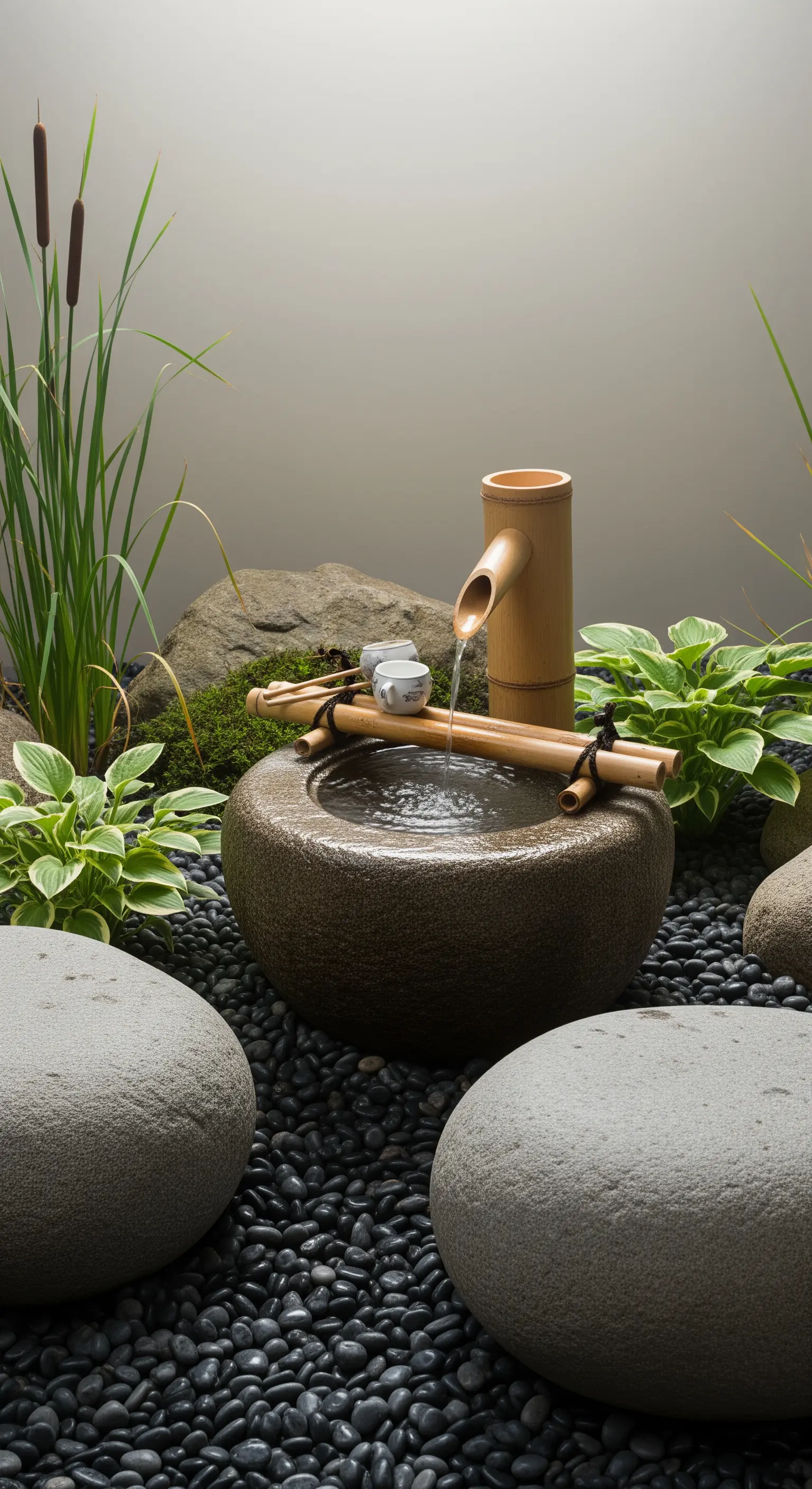 Japanisches Wasserspiel (Tsukubai) mit Bambusrohr und schwarzen Kieseln