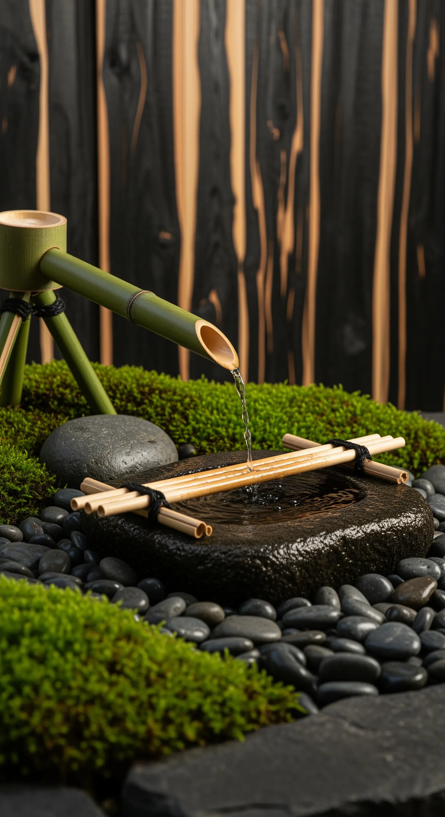 Japanisches Wasserspiel aus Bambus (Shishi-odoshi) mit Moos und schwarzen Kieselsteinen
