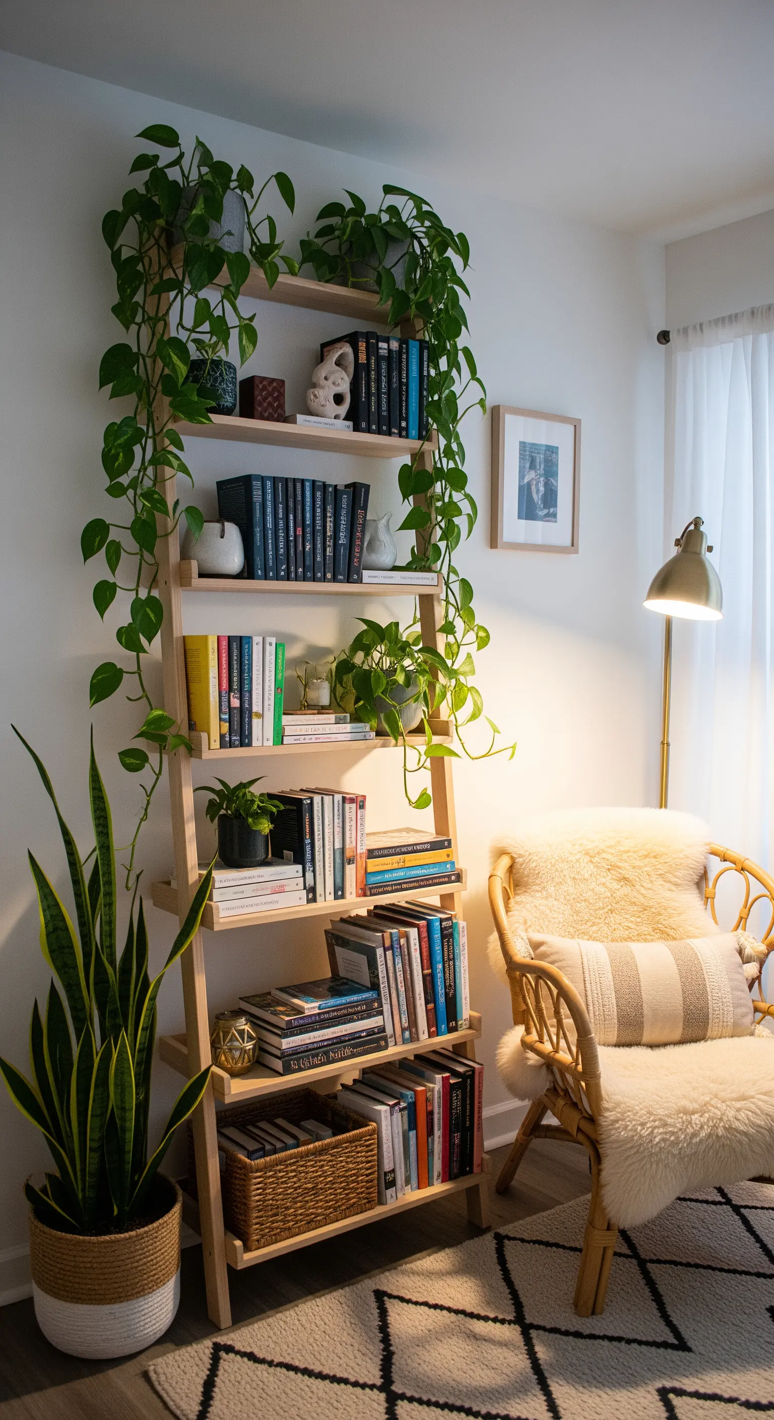Ein hohes Leiterregal aus hellem Holz, dekoriert mit Büchern und herabrankenden Pflanzen.