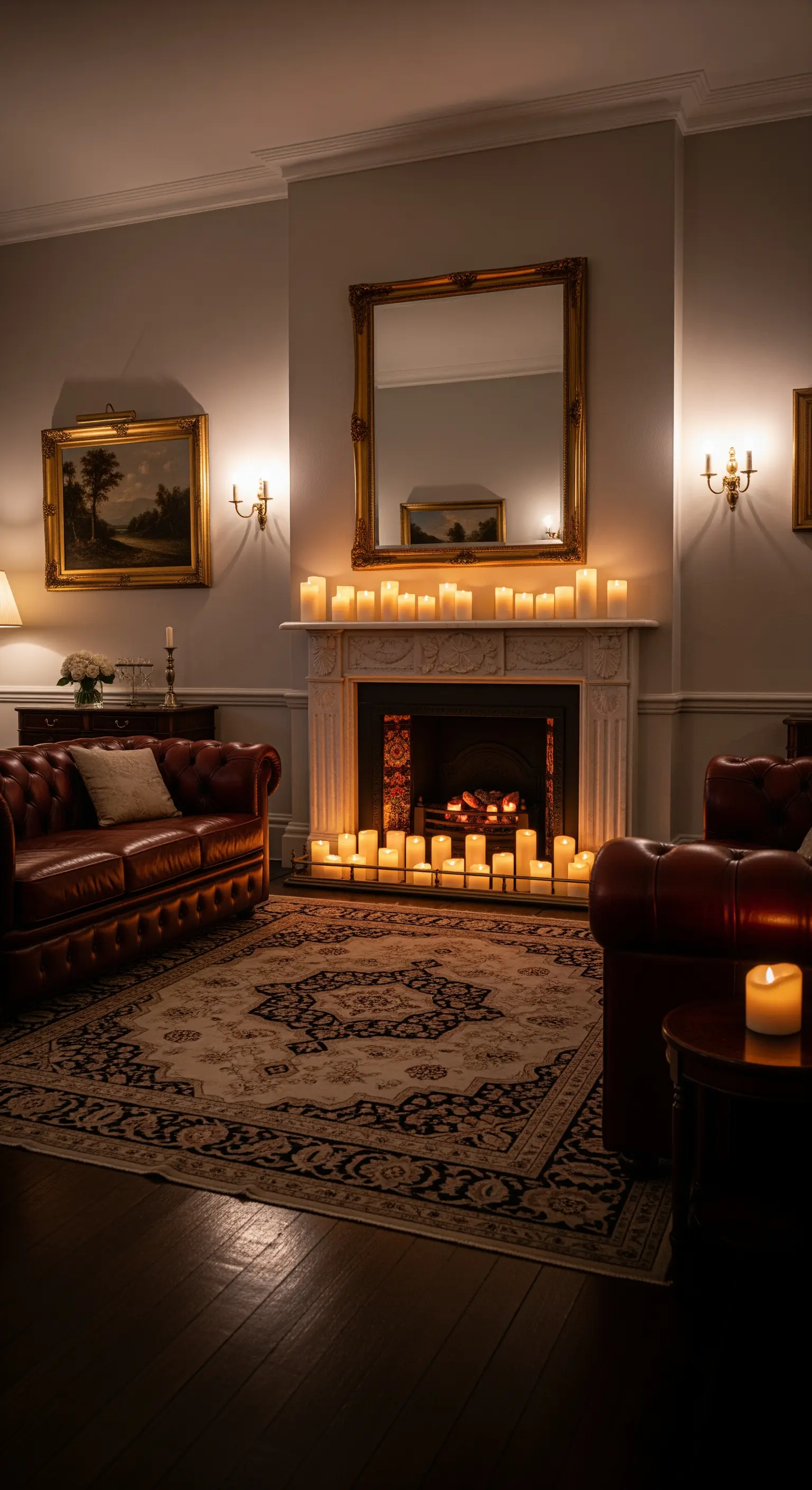 Klassisches Wohnzimmer mit einem mit zahlreichen Kerzen gefüllten Kamin, der den Raum golden beleuchtet.