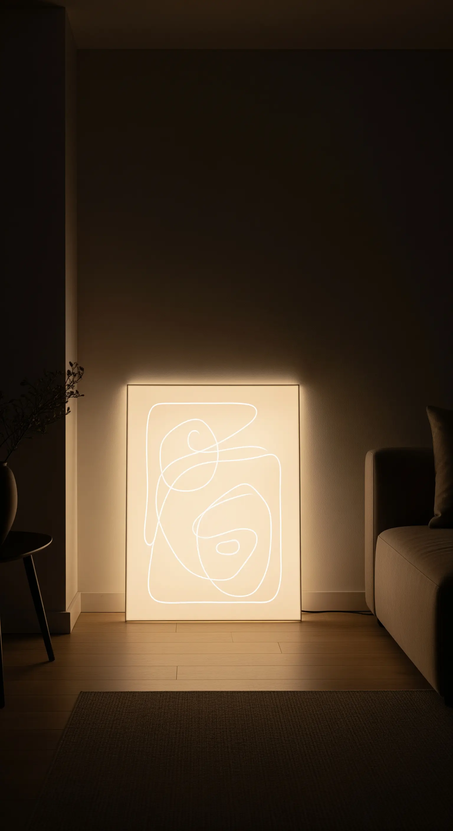 Großes, quadratisches Wandbild mit abstrakten, leuchtenden Linien, das auf dem Boden steht.