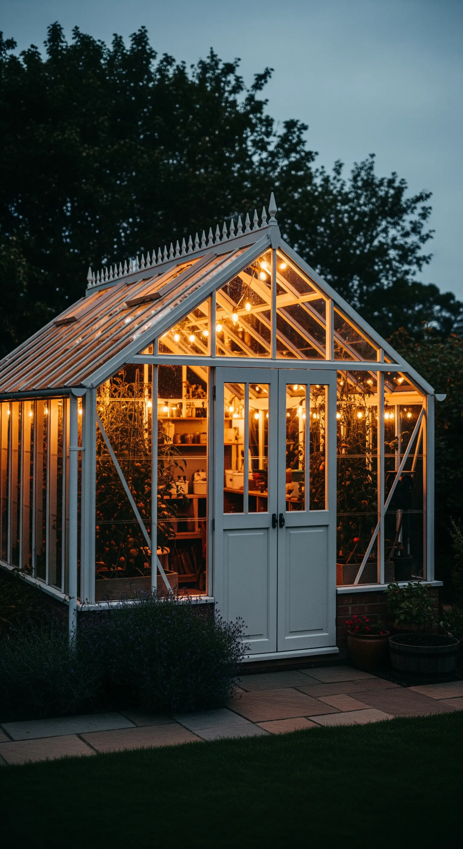 Ein weißes Gewächshaus aus Glas, das von innen mit Lichterketten hell erleuchtet ist.