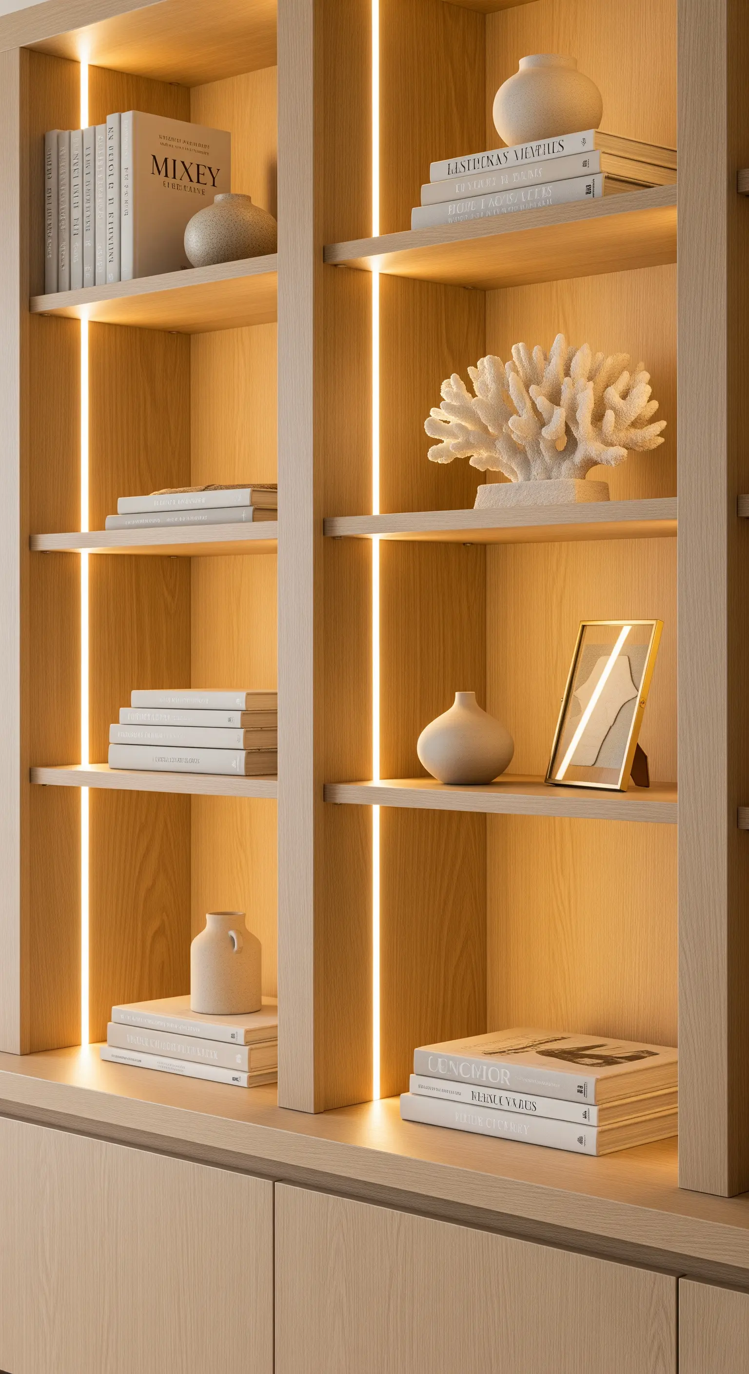 Modernes Holzregal mit integrierten vertikalen LED-Streifen, die die ausgestellte Deko beleuchten.