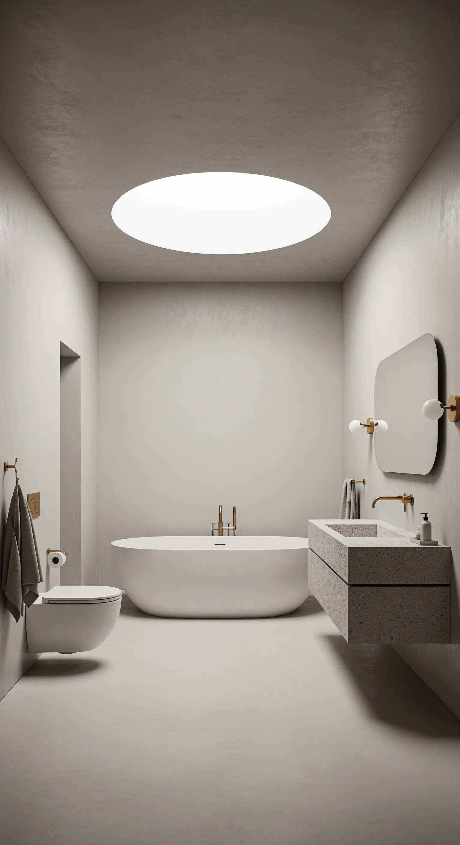 Minimalistisches graues Badezimmer mit einem großen runden Oberlicht über der Badewanne.