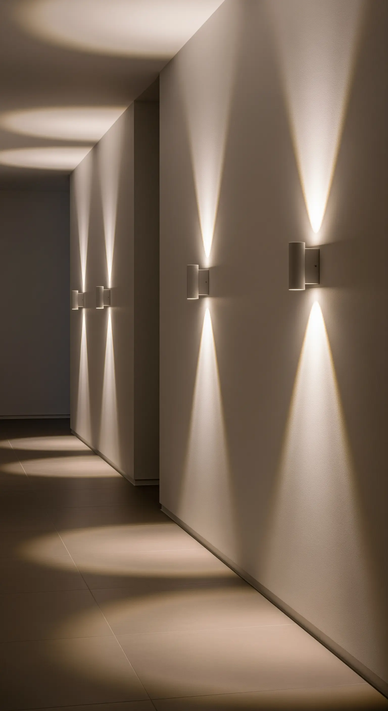 Eine Reihe von Wandleuchten wirft symmetrische Lichtkegel nach oben und unten an eine Flurwand.