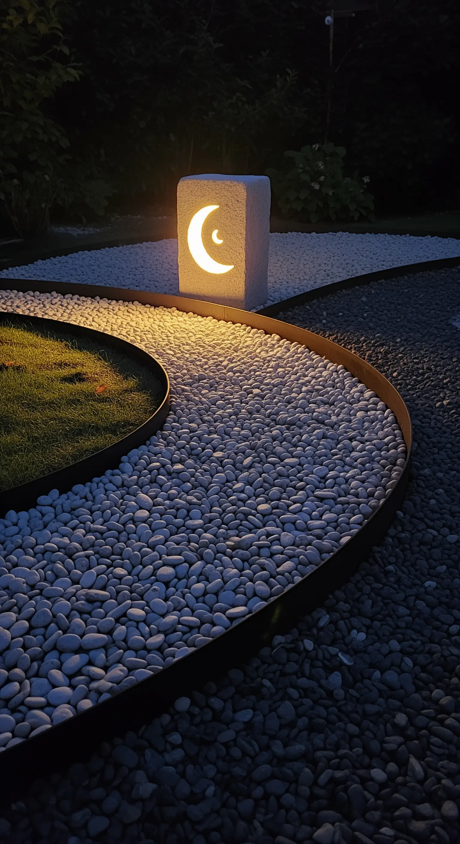 Eine moderne Steinlaterne mit einem ausgeschnittenen Mondsichel-Motiv an einem Kiesweg.