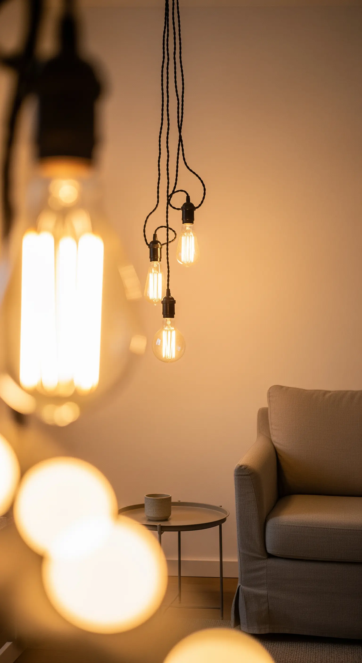 Gruppe von hängenden Edison-Glühbirnen mit schwarzen Textilkabeln als Lichtinstallation.