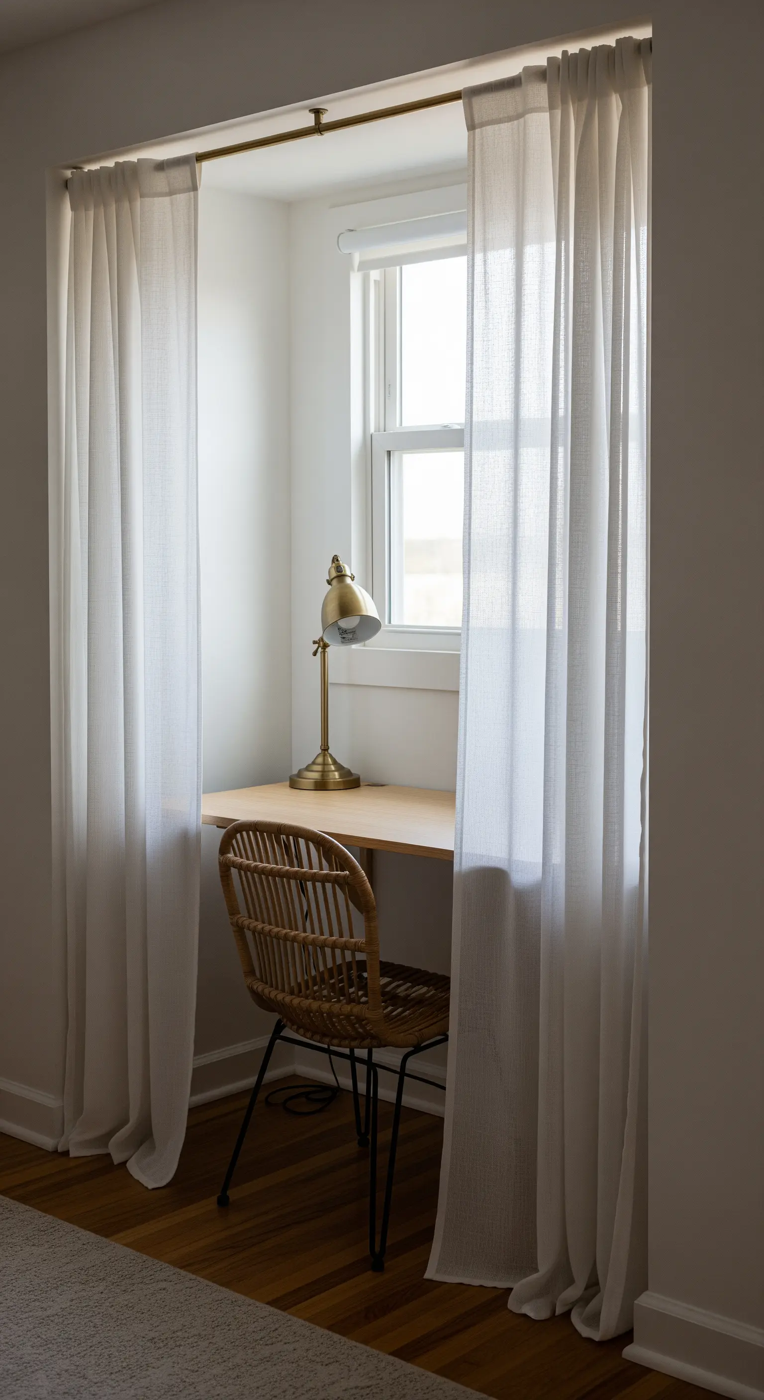 Heller Arbeitsplatz in einer Fensternische, eingerahmt von leichten, weißen Vorhängen.