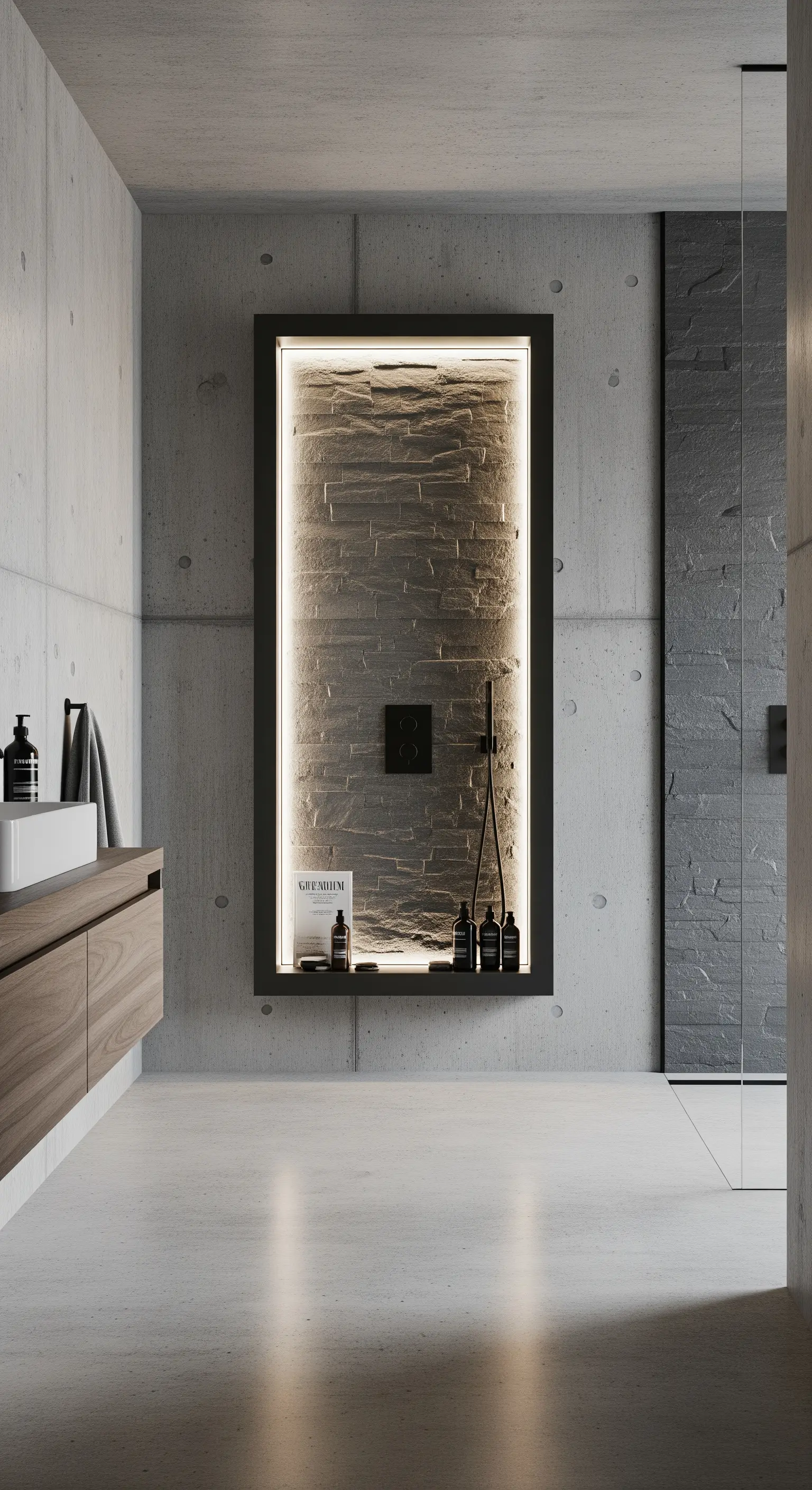 Große, beleuchtete Wandnische mit Natursteinrückwand in einem modernen Betonbad.