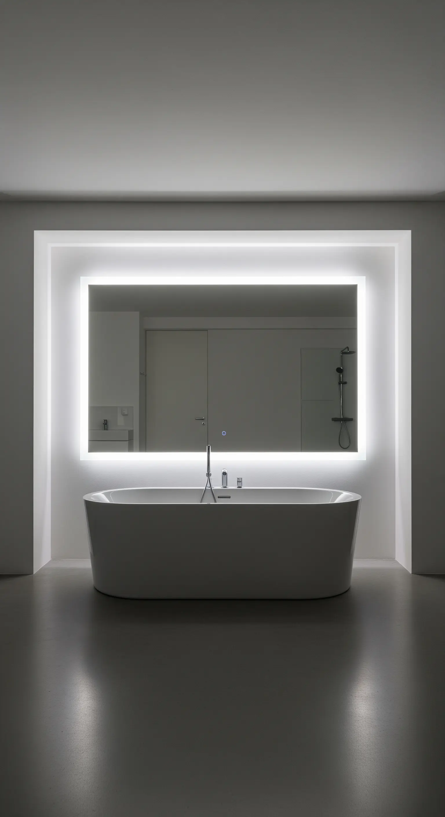 Minimalistisches Badezimmer mit einer freistehenden Wanne vor einer Nische mit einem vollflächig hinterleuchteten Spiegel.
