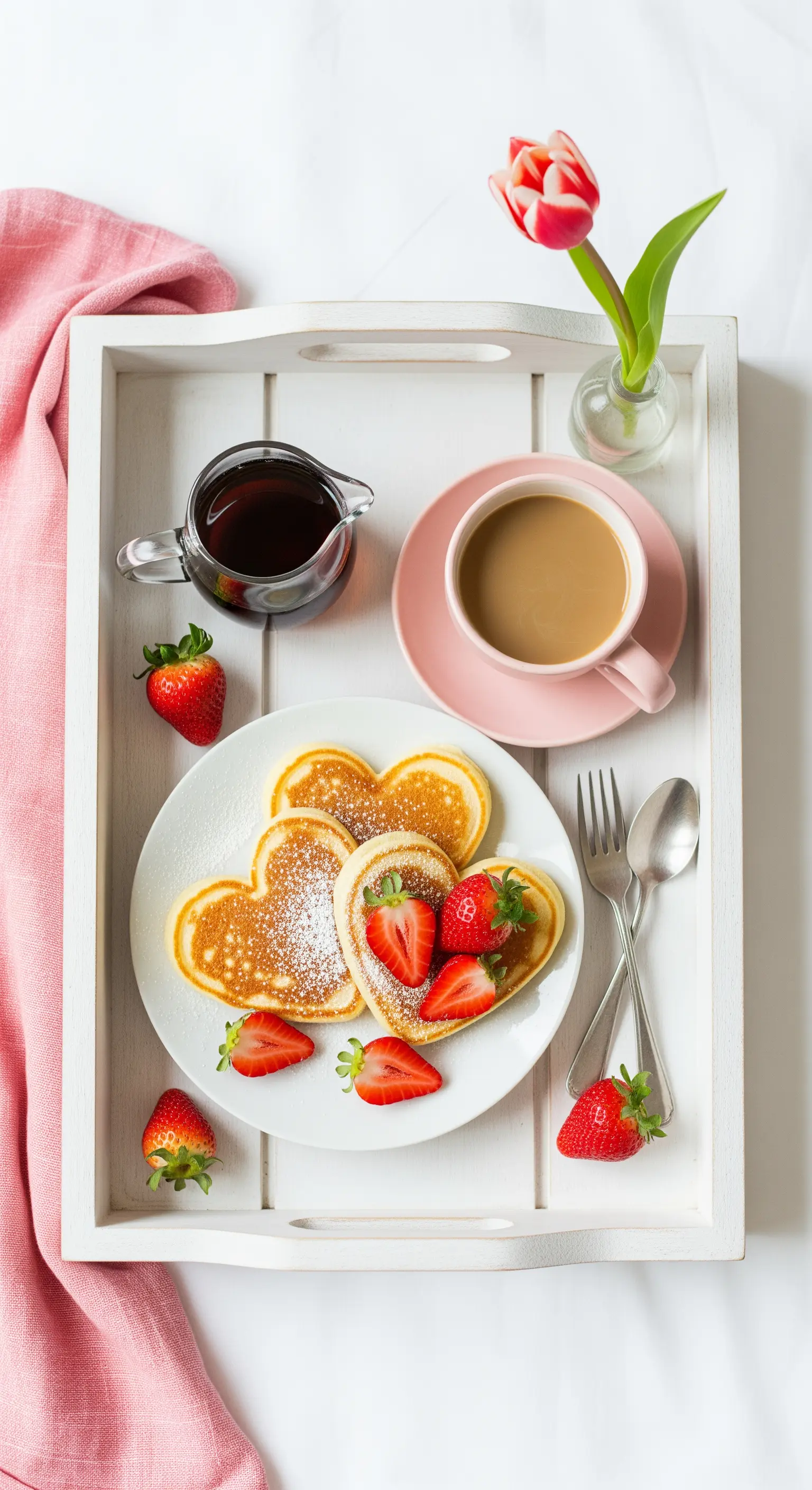 Frühstückstablett mit herzförmigen Pfannkuchen, Erdbeeren und einer einzelnen Tulpe.