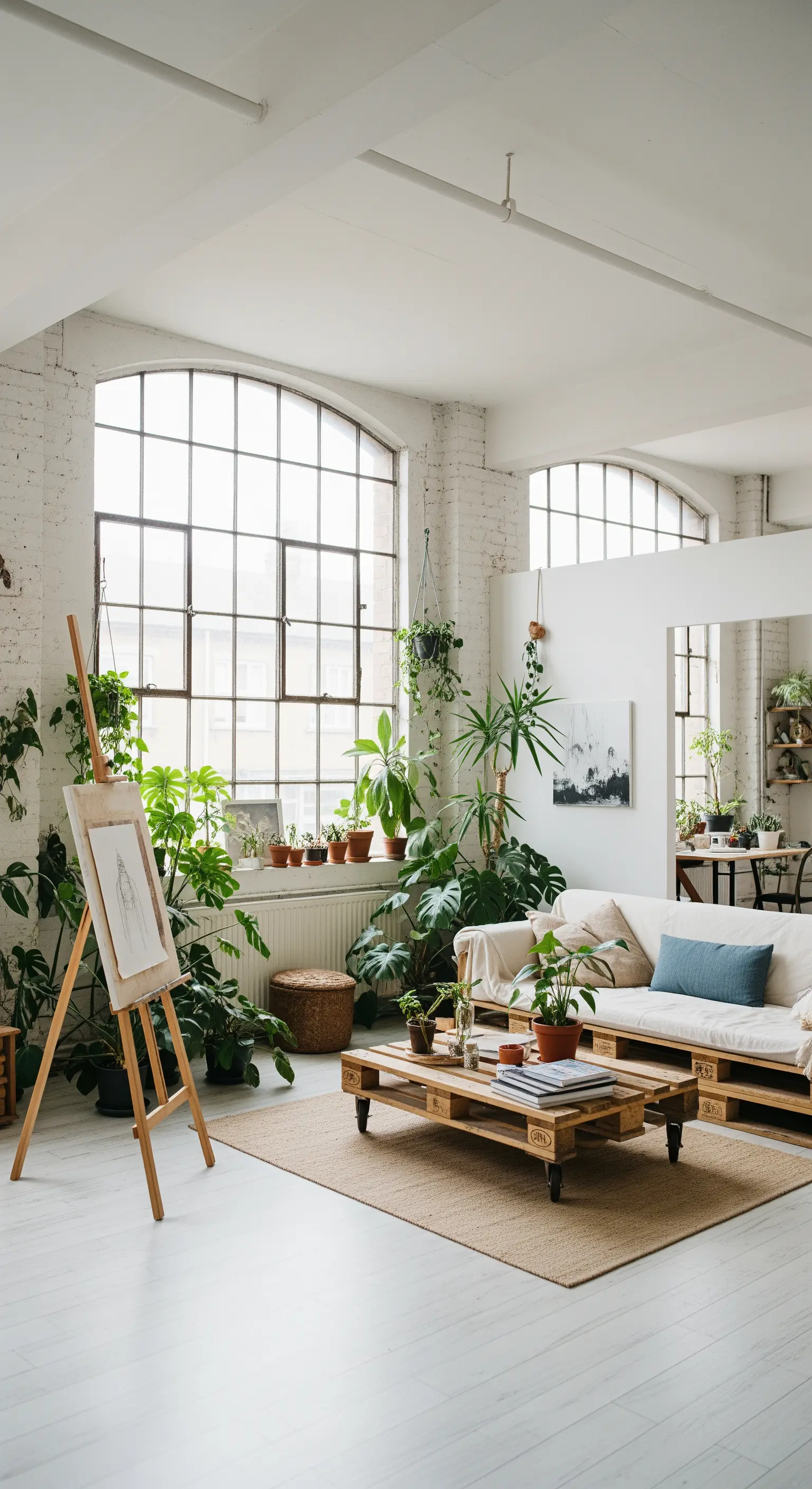 Helles Loft-Wohnzimmer mit großen Fenstern, Paletten-Tisch und vielen Zimmerpflanzen.