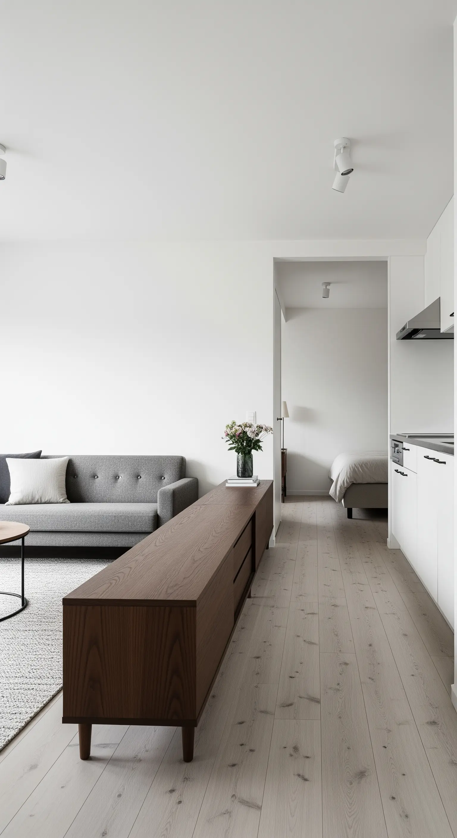 Langes, dunkles Holz-Sideboard trennt Sofa und Schlafbereich in einem Studio