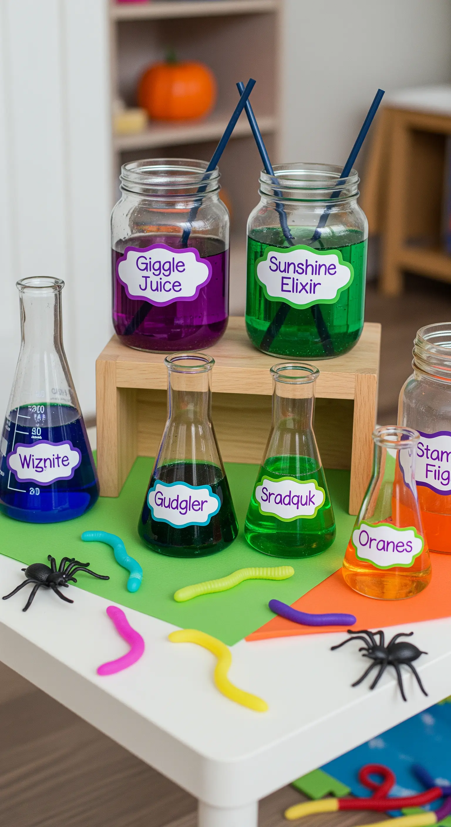 Ein Kindertisch mit bunten Flüssigkeiten in Laborgläsern, die als lustige Zaubertränke beschriftet sind.