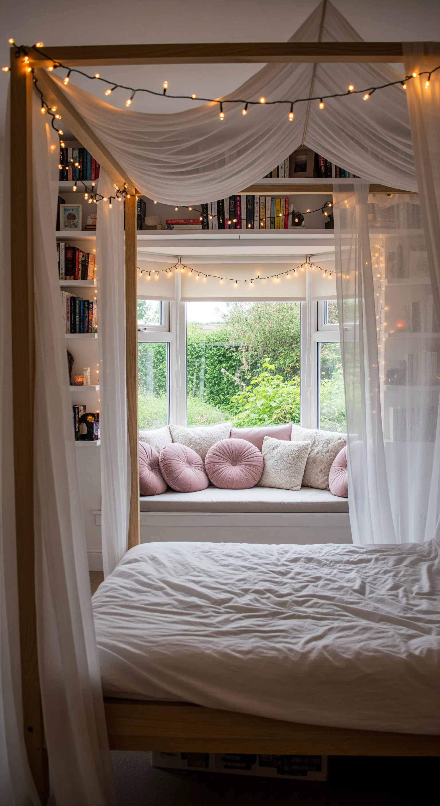Gemütliche Fensternische mit Kissen und Lichterketten, gesehen durch ein Himmelbett.