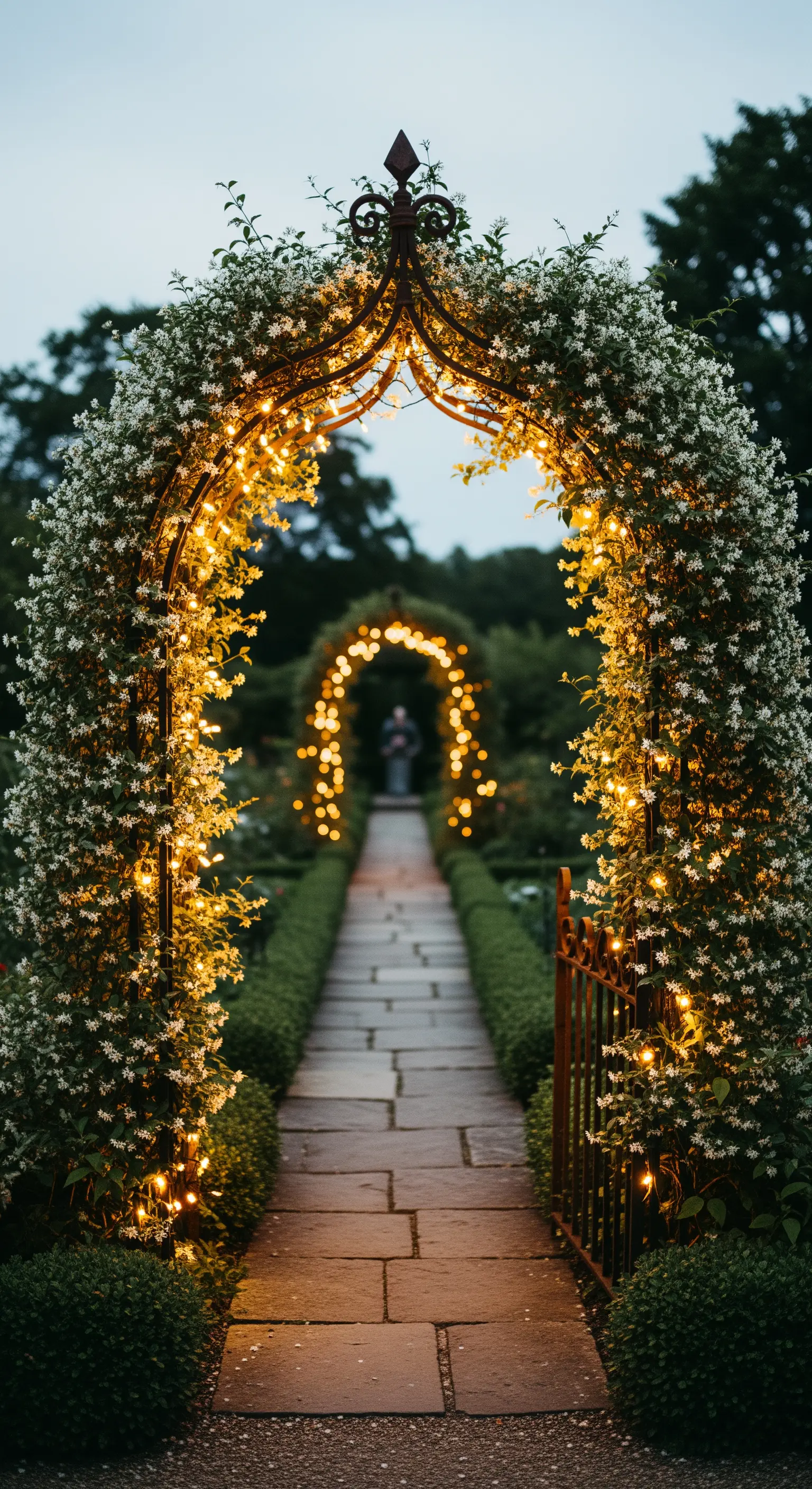 Ein mit weißen Blumen und Lichterketten umrankter Gartenbogen, der einen Weg einrahmt.