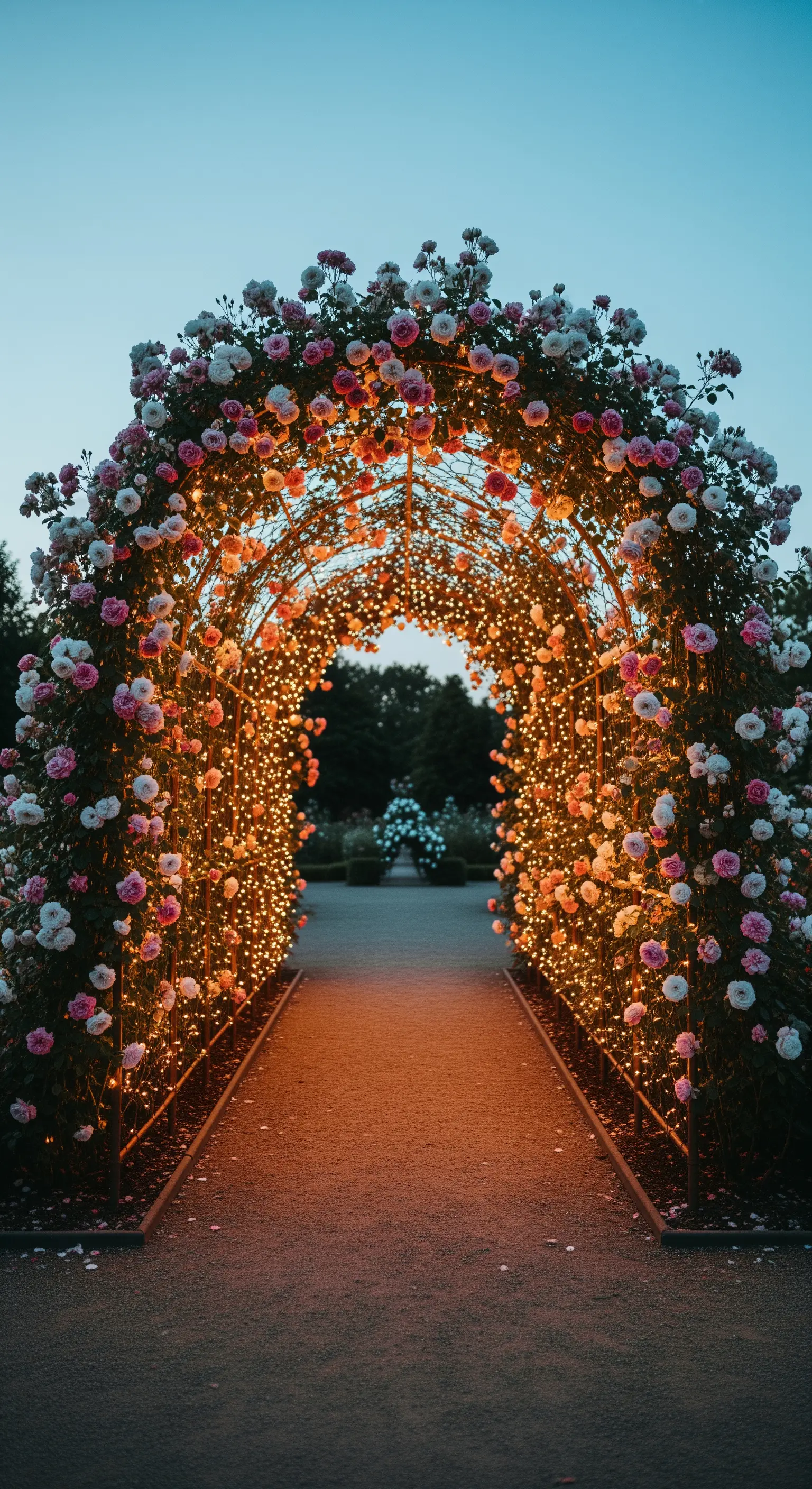 Ein üppig mit Rosen bewachsener Torbogen, der von innen mit unzähligen Lichterketten erleuchtet wird.