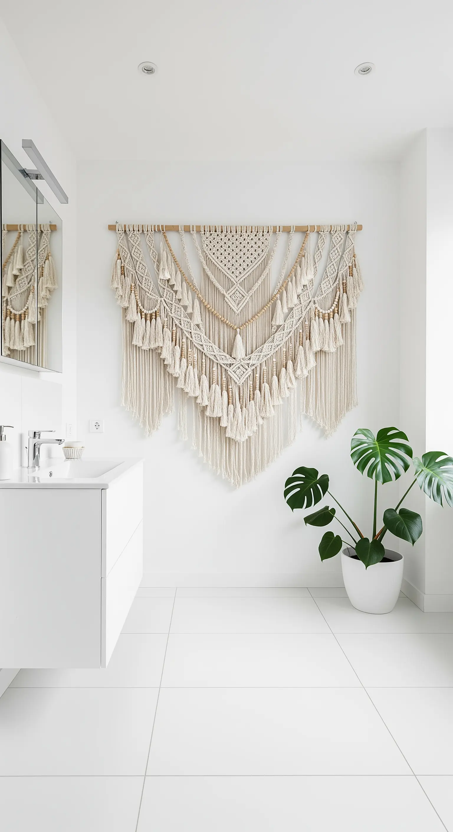 Großer Makramee-Wandbehang als Kunstwerk in einem minimalistischen weißen Badezimmer.