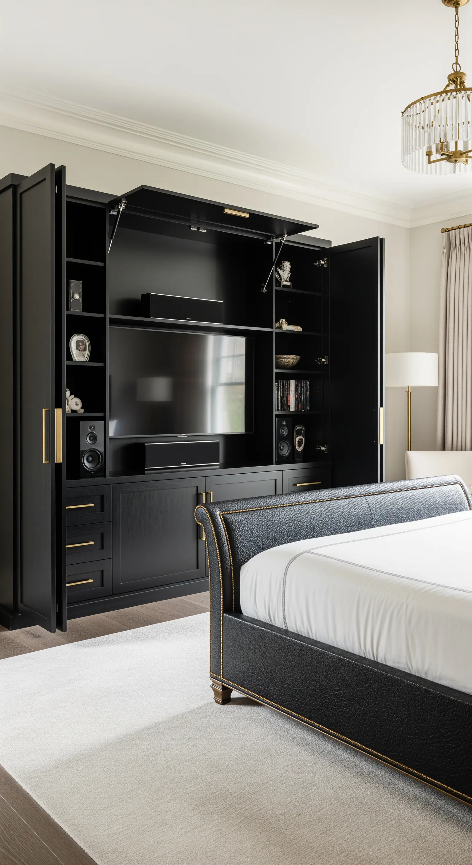 Schlafzimmer mit einem großen, schwarzen Medienschrank, der einen Fernseher und Lautsprecher verbirgt.