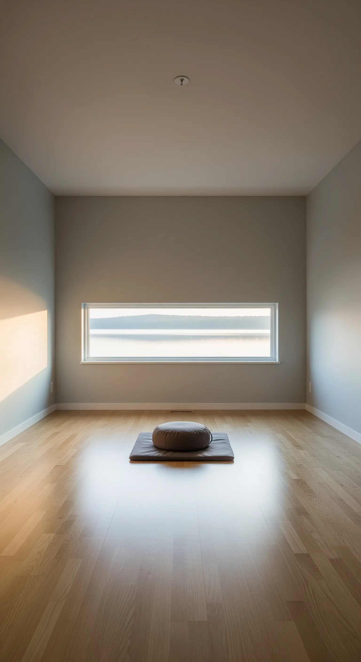Leerer Raum mit einem Meditationskissen auf dem Boden vor einem langen, schmalen Fenster.
