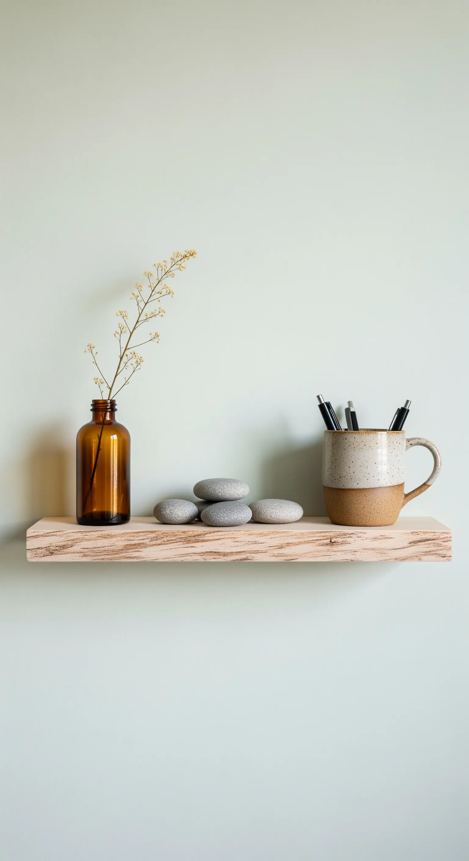Wandregal mit gestapelten Steinen, einer braunen Glasflasche und einem Keramikbecher.