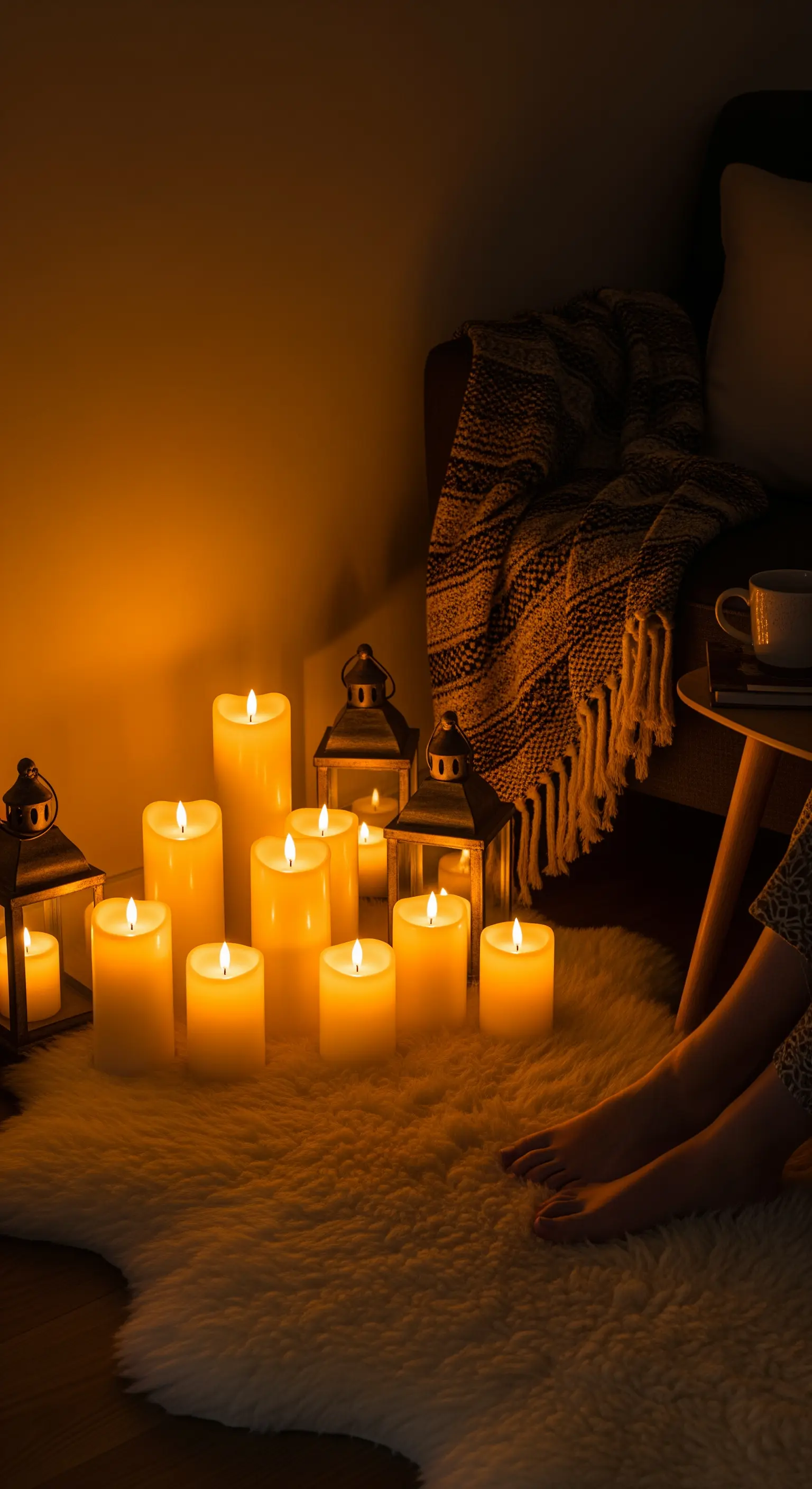 Eine Gruppe aus LED-Kerzen und Laternen ist auf einem weißen Fellteppich am Boden arrangiert.