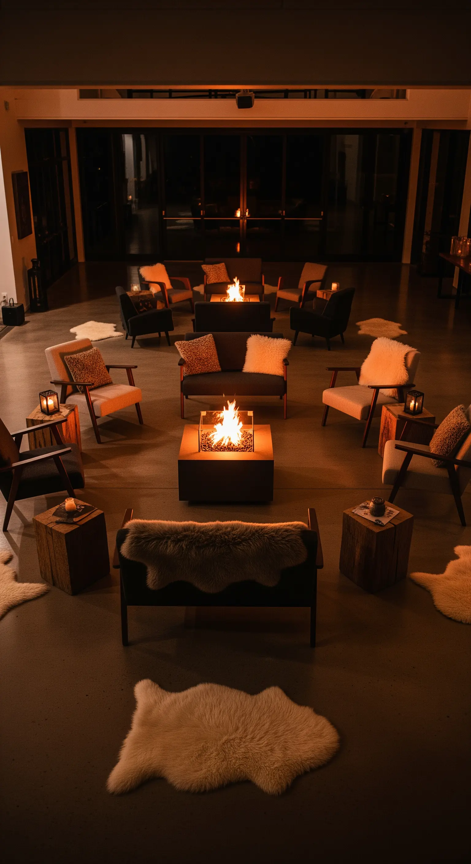 Großer Raum mit kreisförmig um eine Feuerstelle angeordneten Sesseln und Kunstfelldecken.