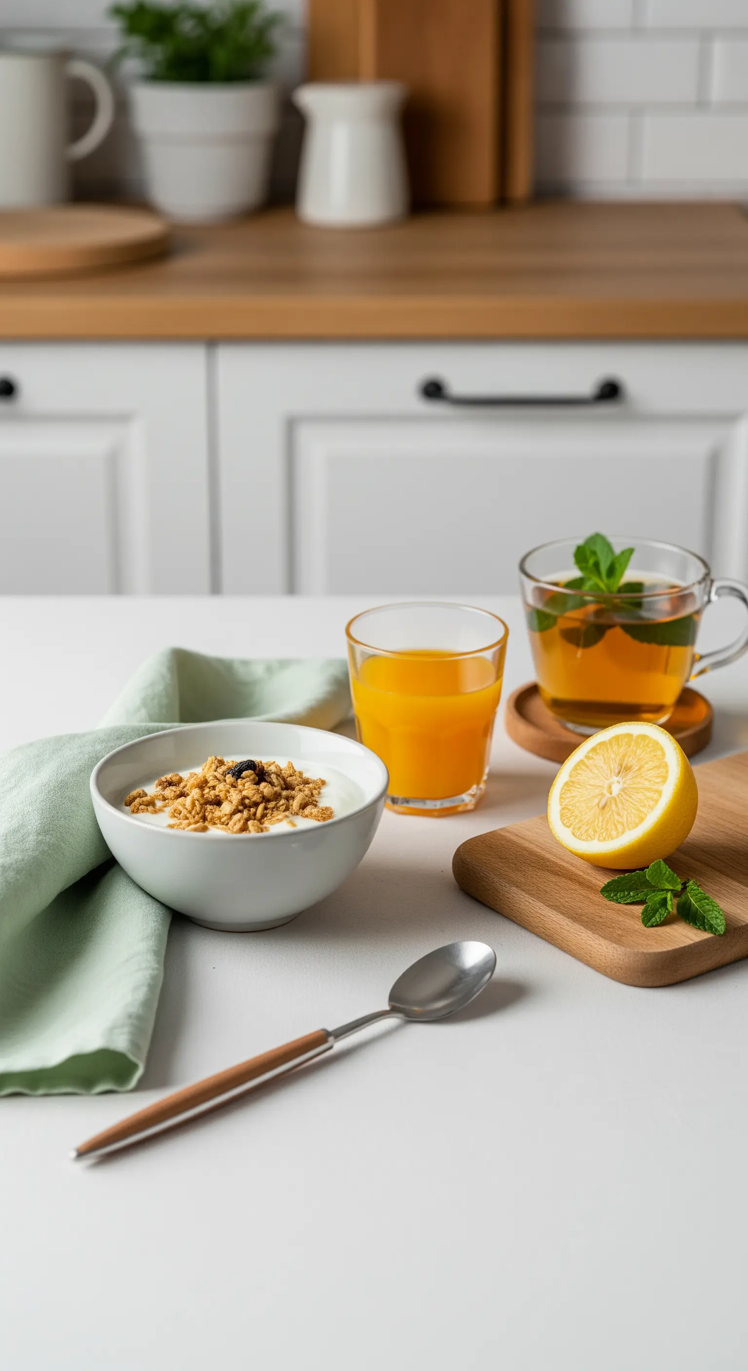 Ein minimalistisch gedeckter Frühstücksplatz mit Müsli, Saft, Tee und einer halbierten Zitrone.