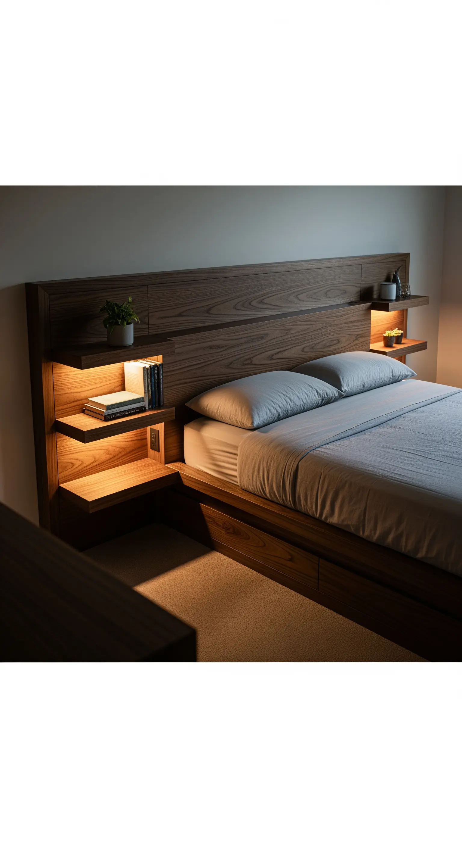Modernes Holzkopfteil mit integrierten, beleuchteten Regalen und Ablageflächen.