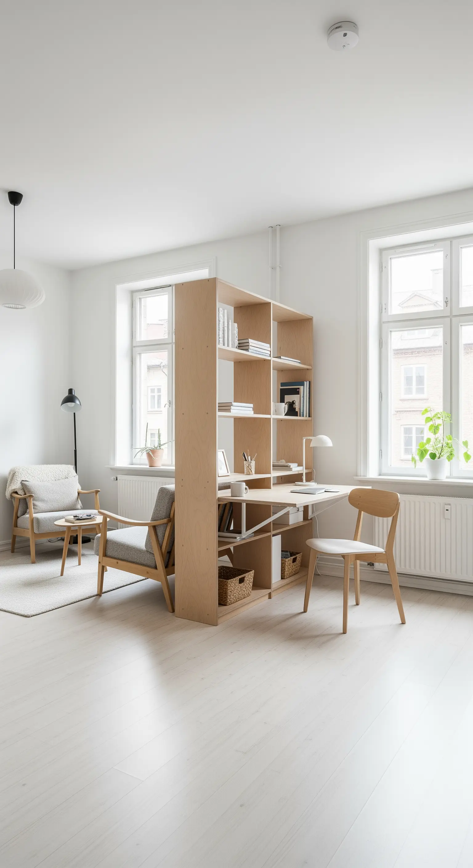 Helles Holzregal als Raumteiler mit integriertem Schreibtisch in einem Studio