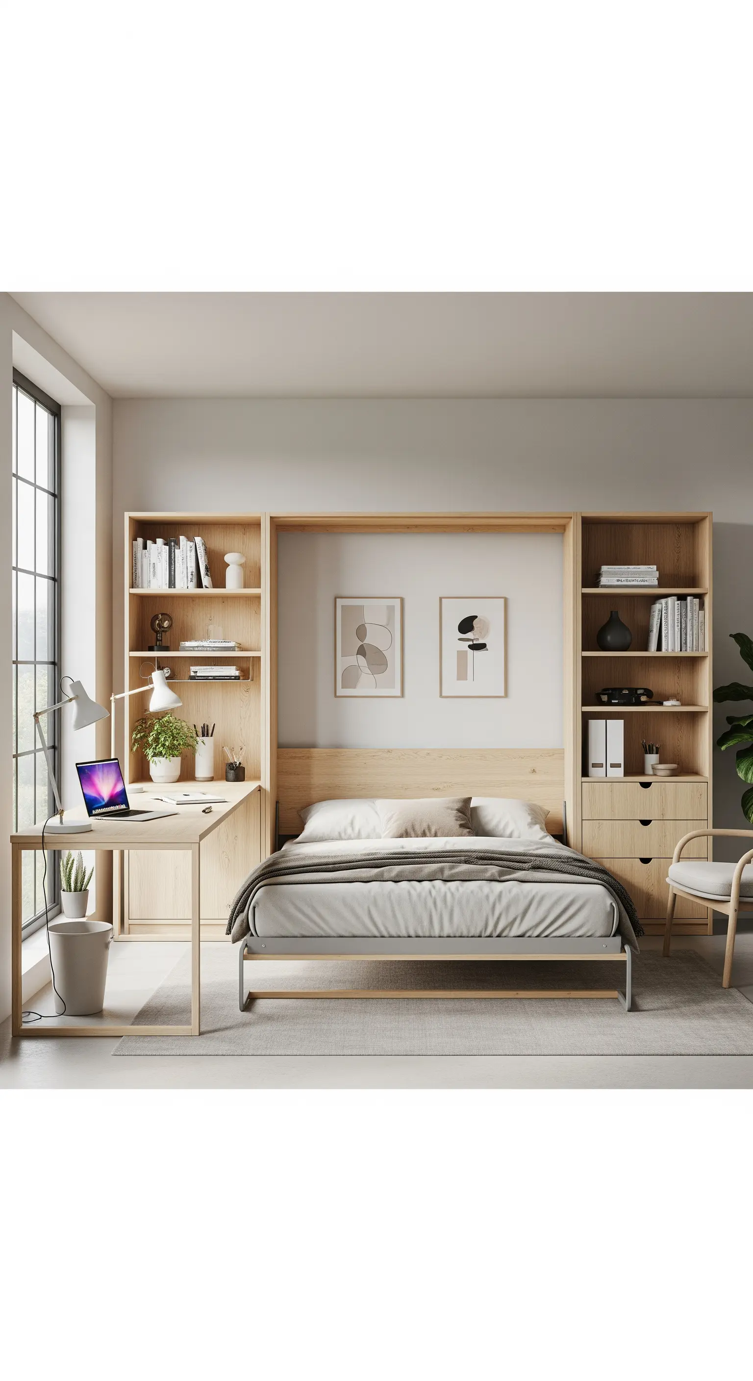 Moderne Wohnwand aus hellem Holz mit integriertem Klappbett, Regalen und einem Schreibtisch.