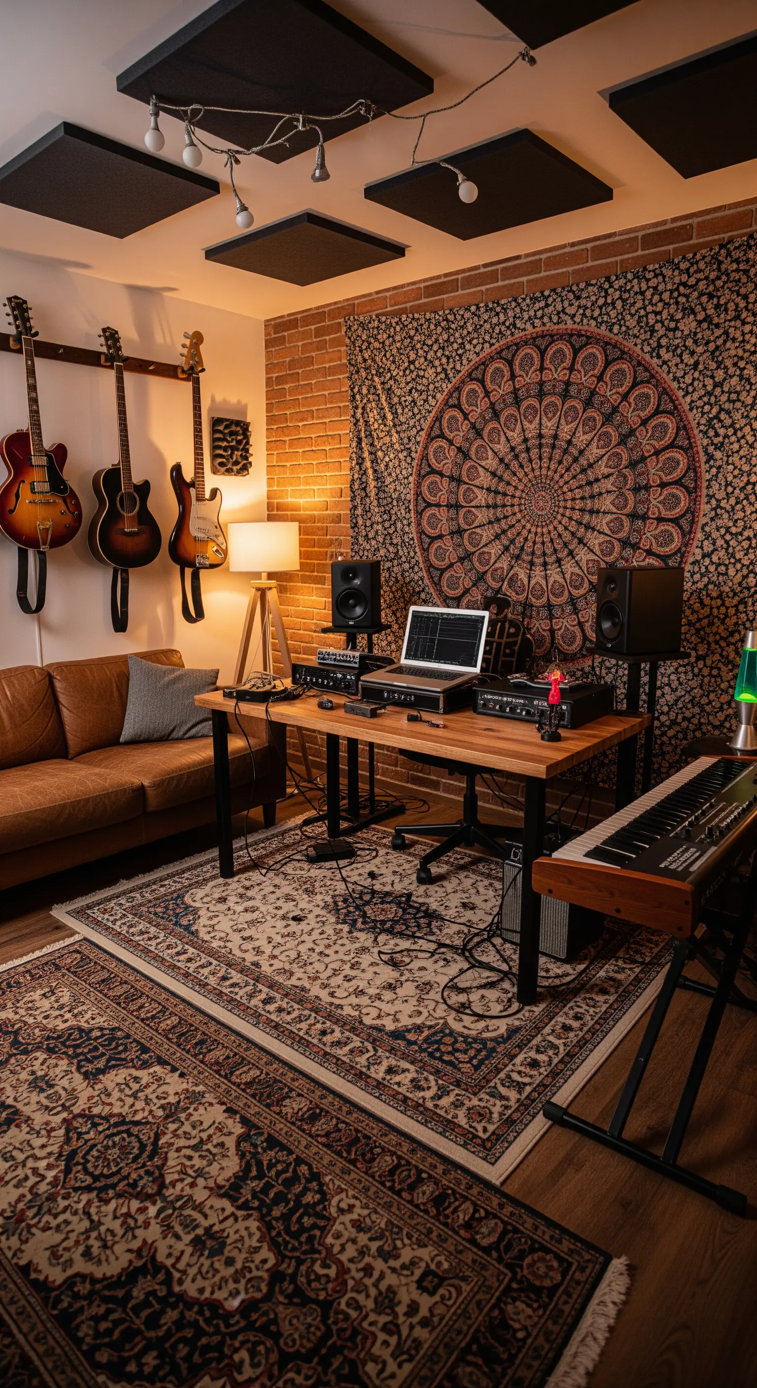 Musik-Homeoffice mit Gitarren an der Wand, einem großen Mandala-Wandteppich und Teppichen.