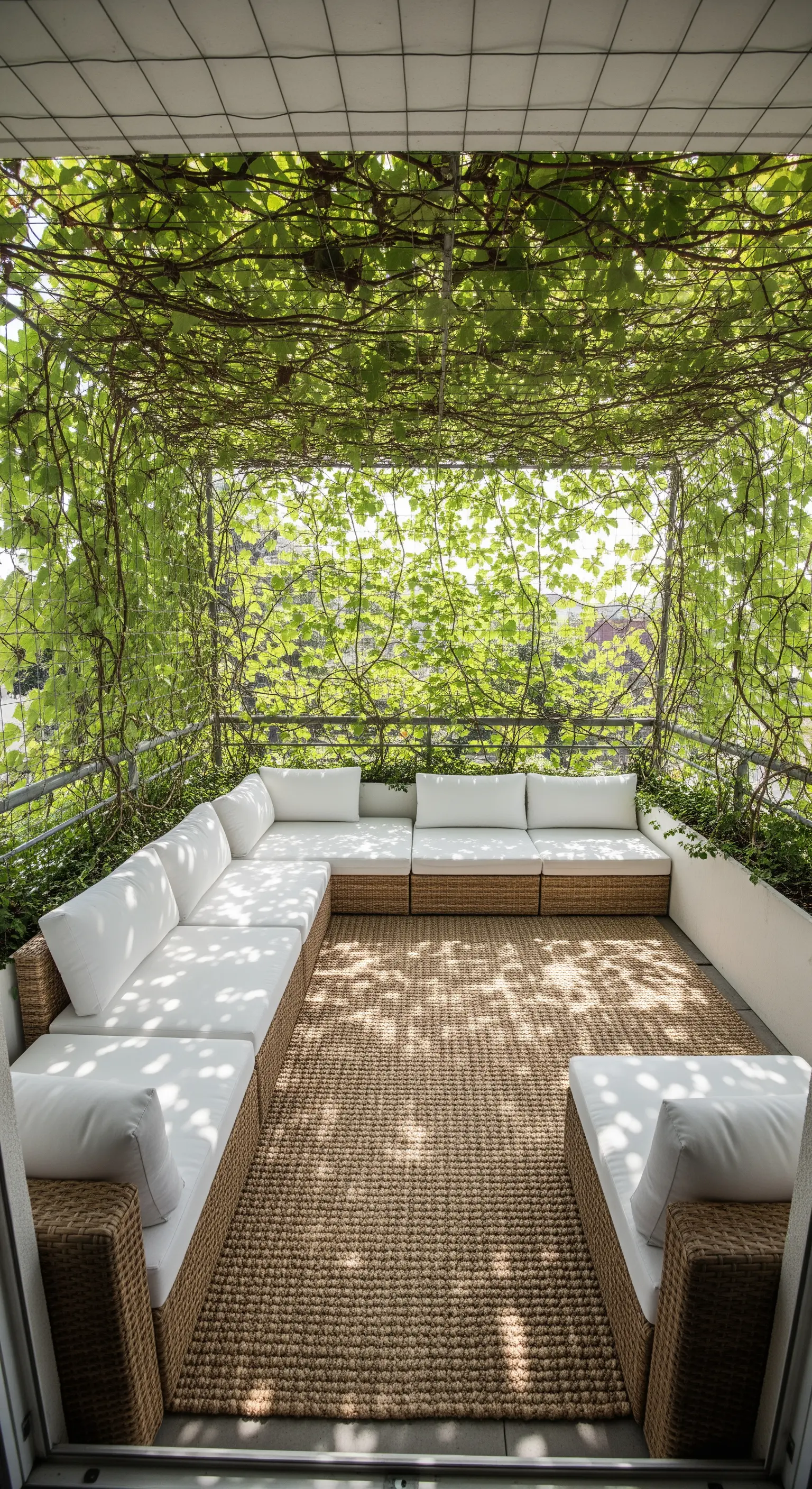 Balkon komplett von Weinlaub umrankt mit großem Ecksofa