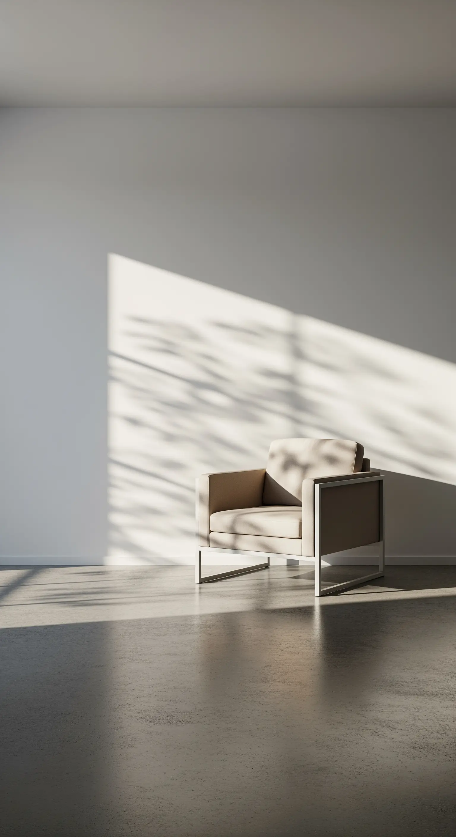 Ein einzelner Ledersessel steht in einem leeren Raum, beleuchtet von Sonnenlicht, das Blätterschatten an die Wand wirft.