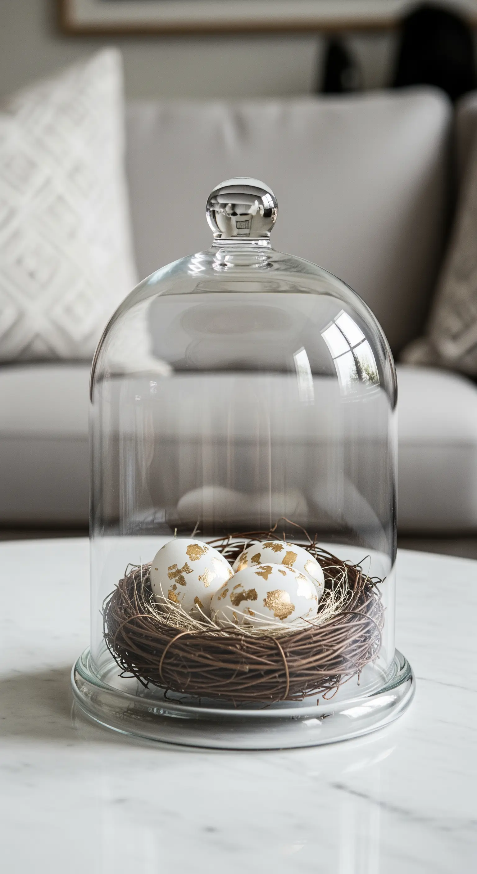 Kleines Nest mit gold-verzierten Eiern unter einer großen Glasglocke auf einem Marmortisch.