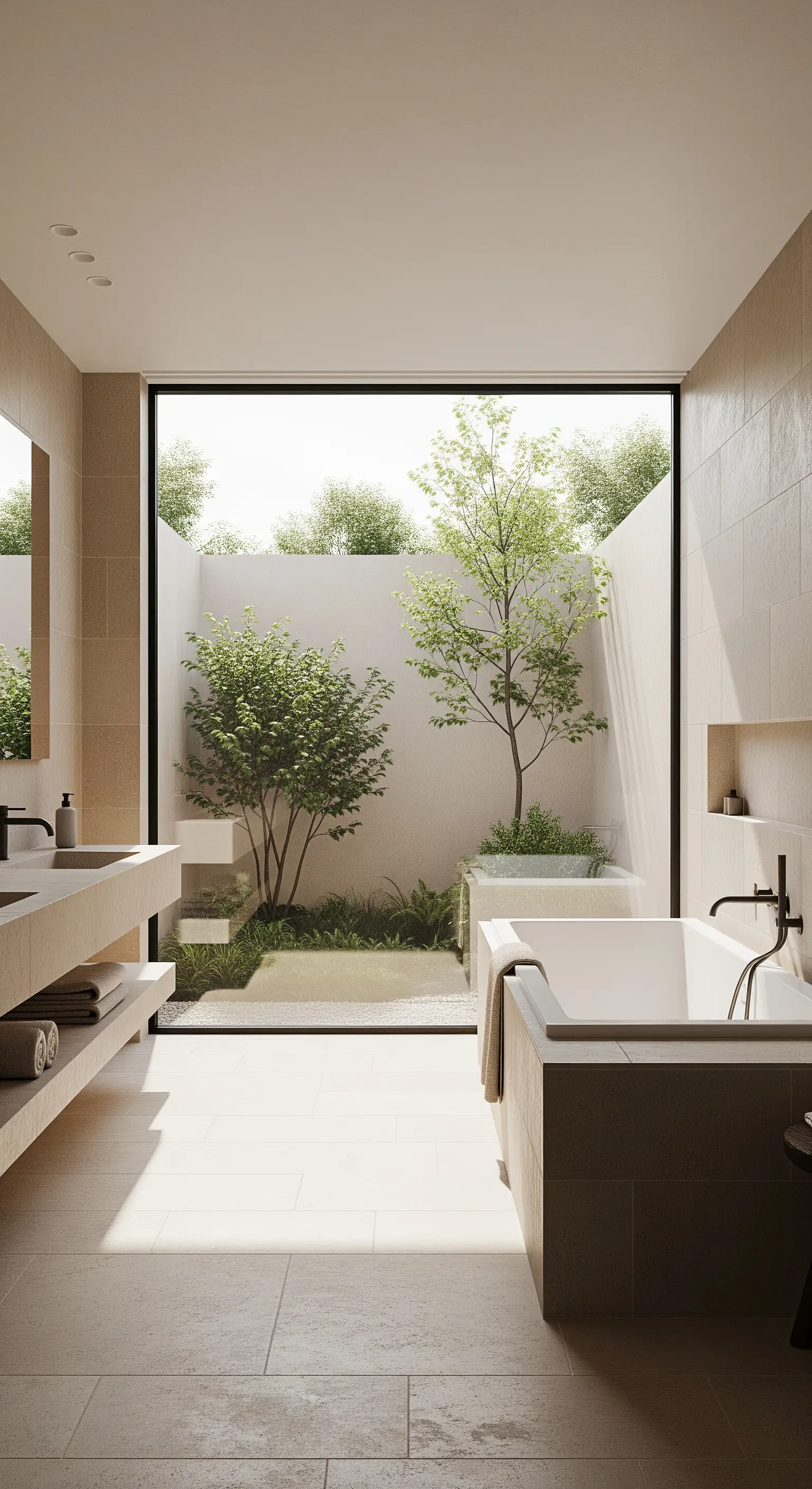 Minimalistisches Badezimmer mit großem Fenster zum privaten Innenhof-Garten.