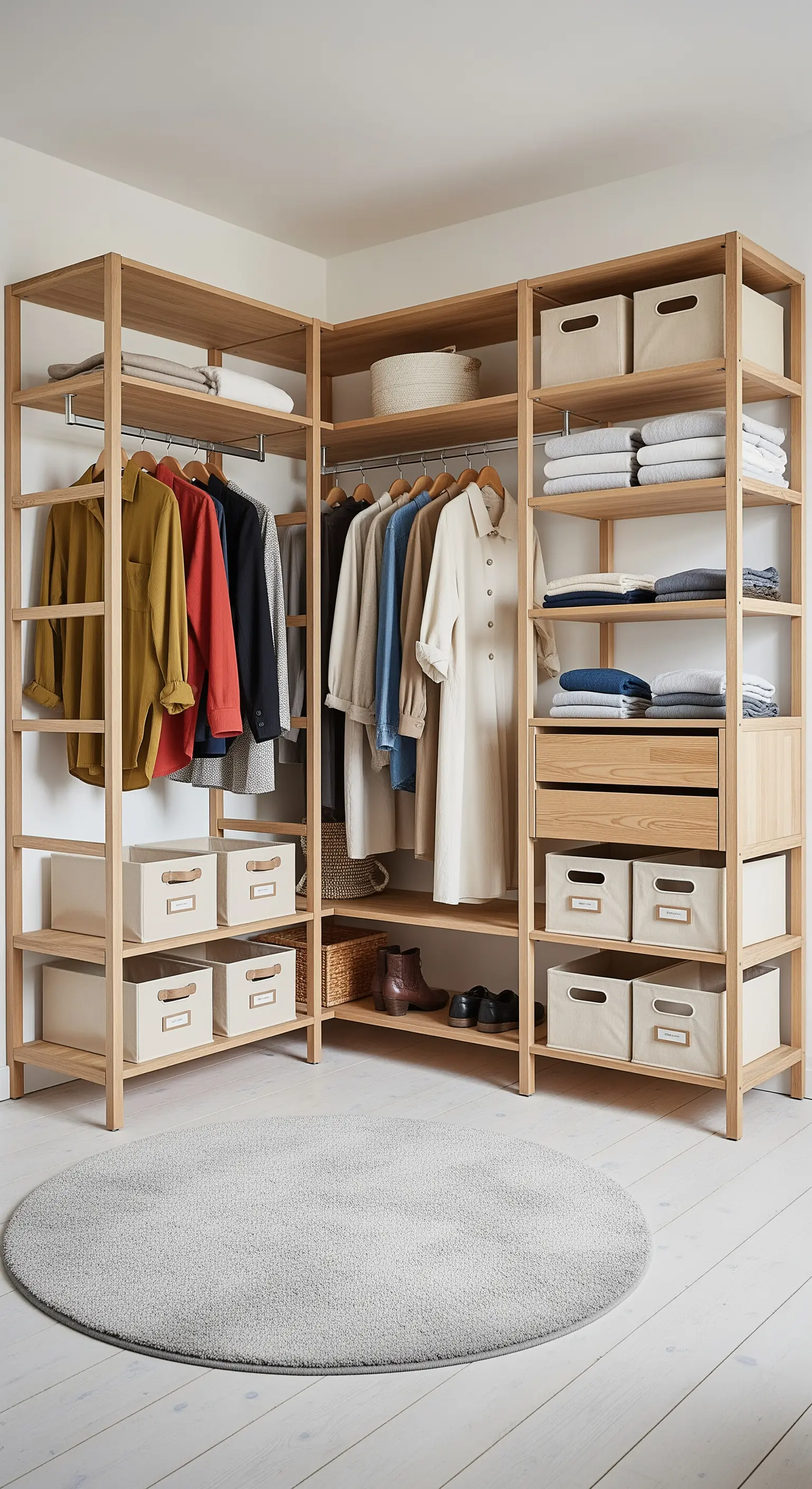 Offenes, modulares Regalsystem aus Holz als begehbarer Kleiderschrank