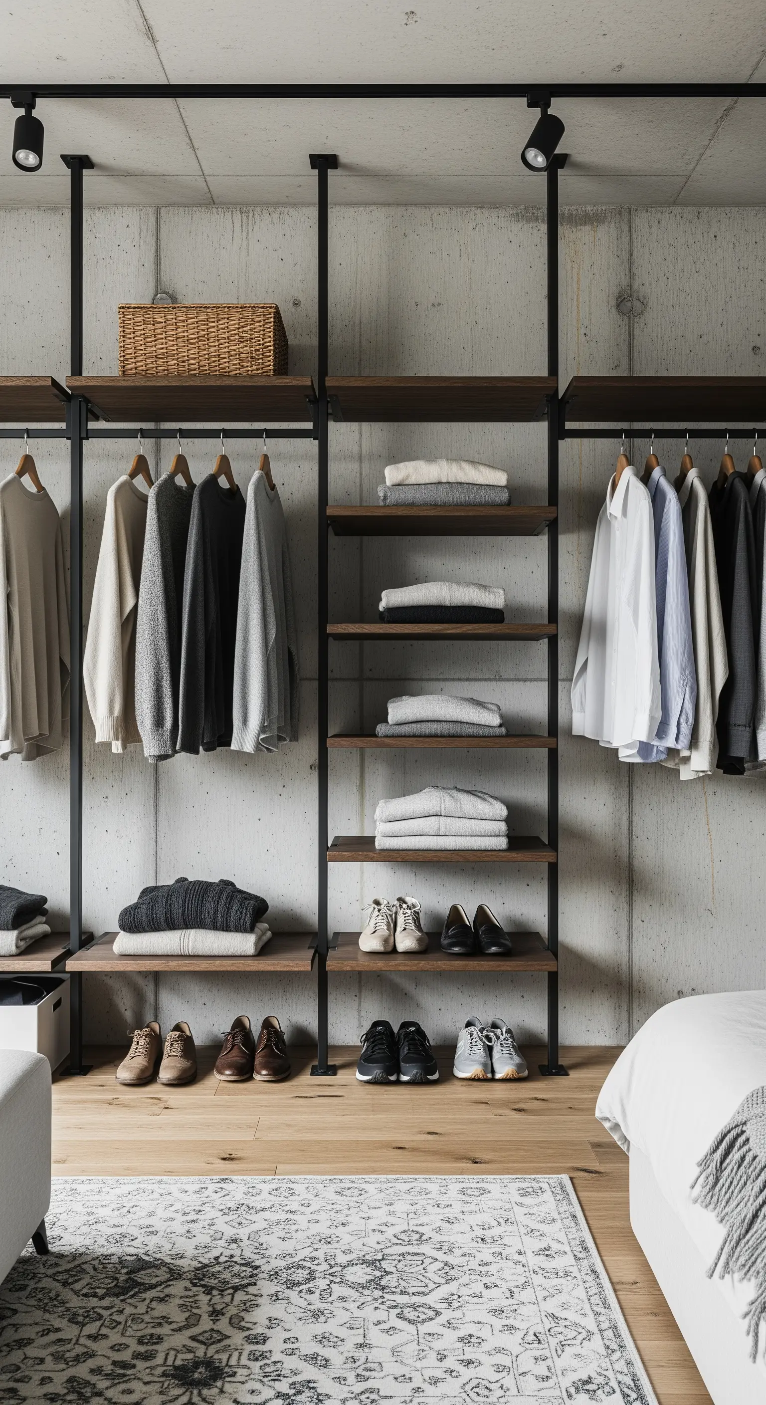 Offenes Schranksystem aus Holz und Metall vor einer Betonwand.