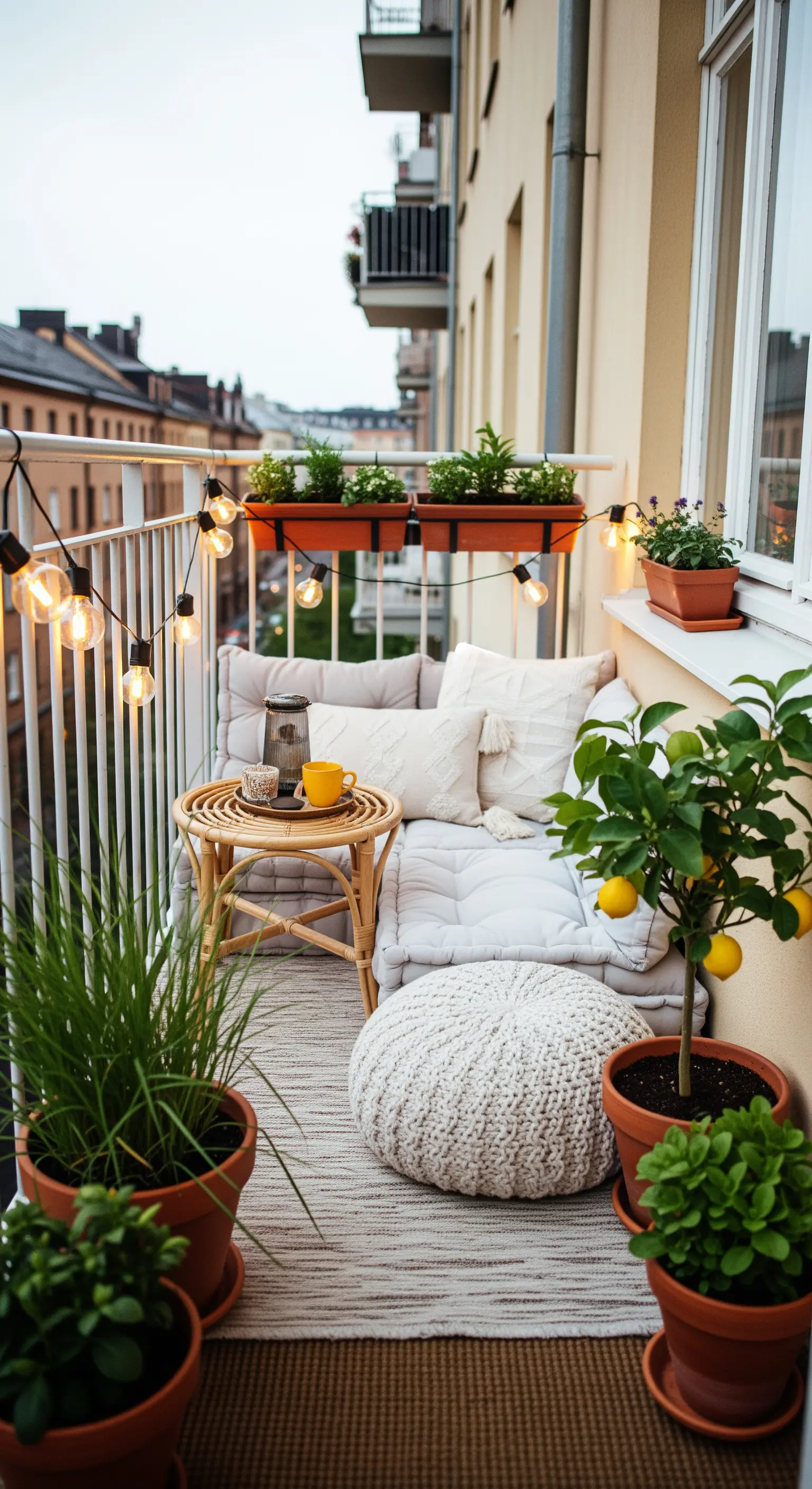 Gemütlicher kleiner Balkon, dekoriert mit Lichterketten, Kissen und vielen Pflanzen.